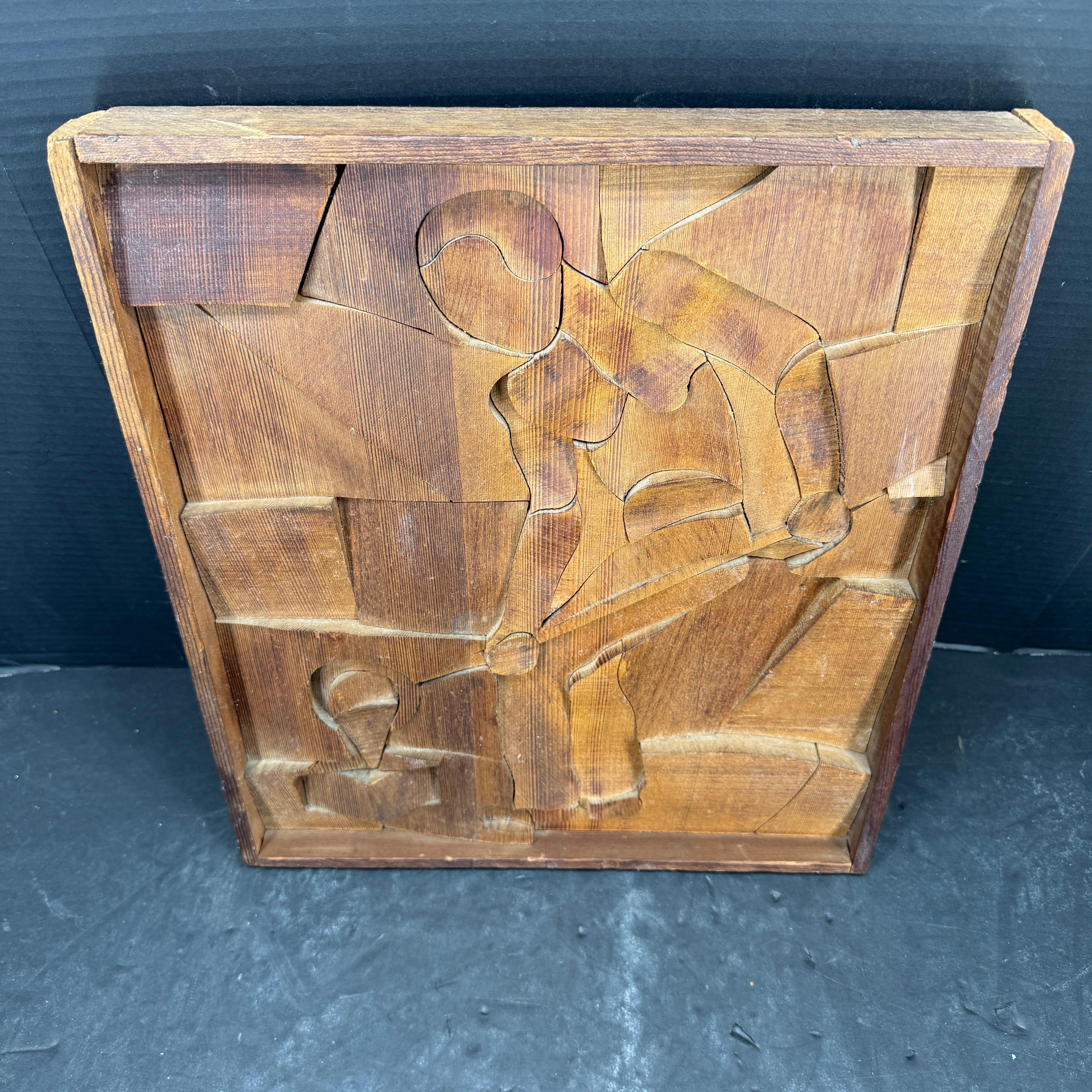 Hand-Crafted Mid-Century Carved Wood Artwork Panel of Glassblower Wall Art For Sale