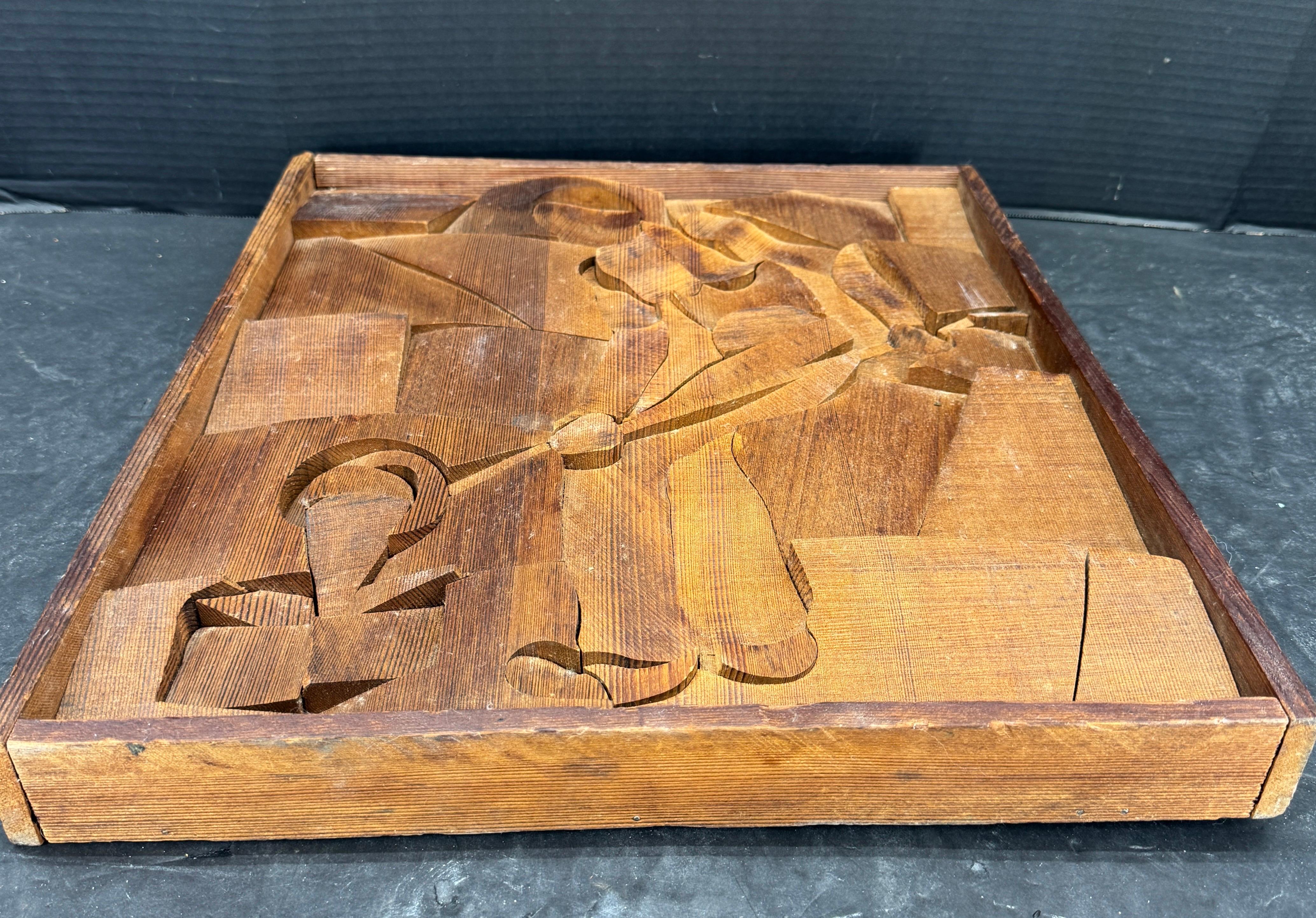 20th Century Mid-Century Carved Wood Artwork Panel of Glassblower Wall Art For Sale