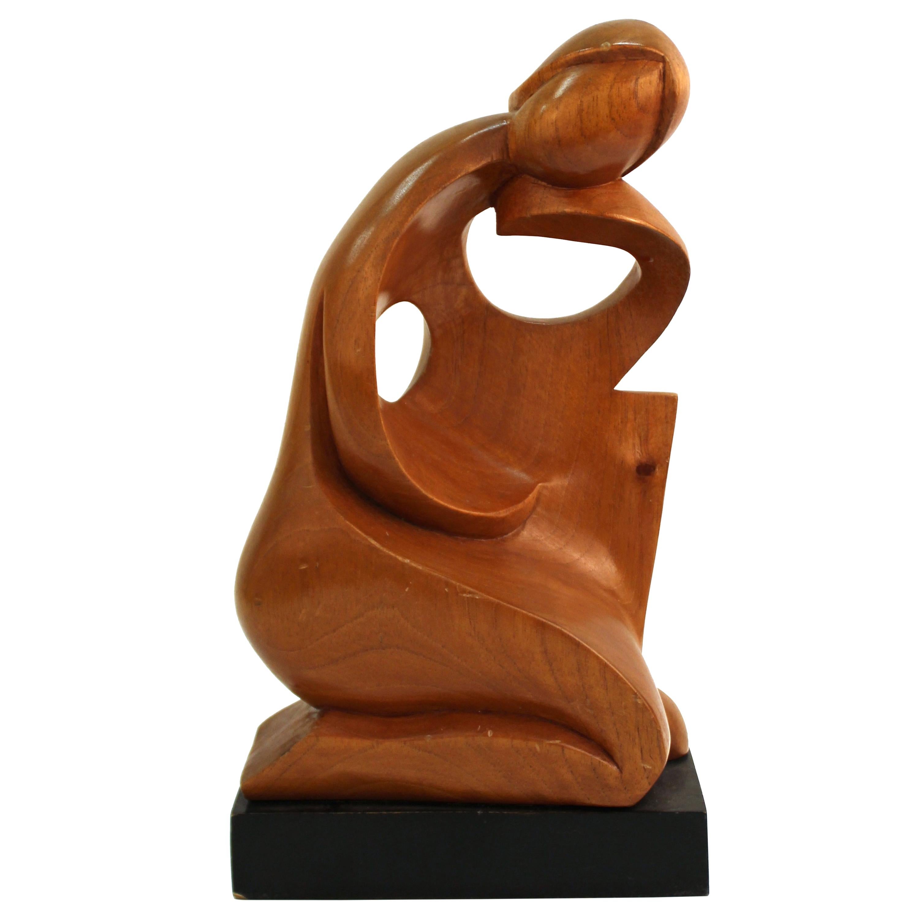 Mid-Century Modern Carved Wood Sculpture of Kneeling Woman