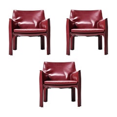 Mid-Century Modern Cassina Cab 414 Leather Armchair Bordeaux, Set of 3, Italy