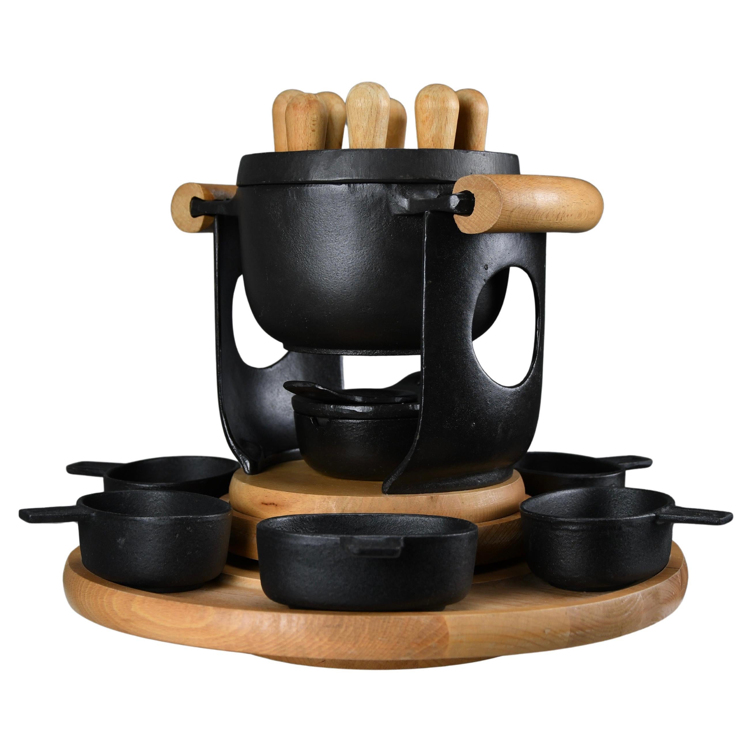 Mid-Century Modern Cast Iron and Wood Fondue Set by Richard Nissen for Bodum For Sale