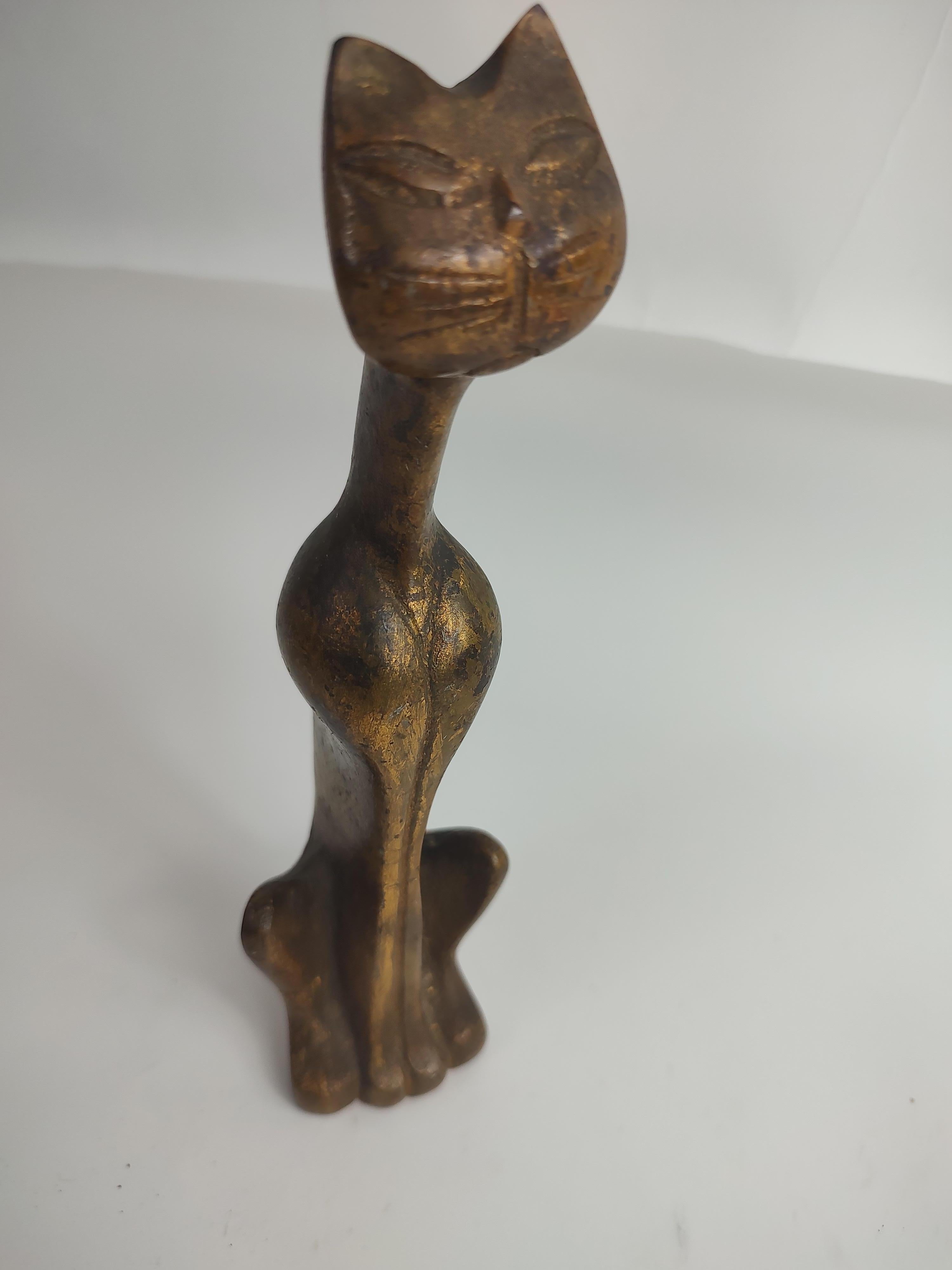 Mid-Century Modern Cast Iron Stylized Siamese Cat with Gold Patina 1