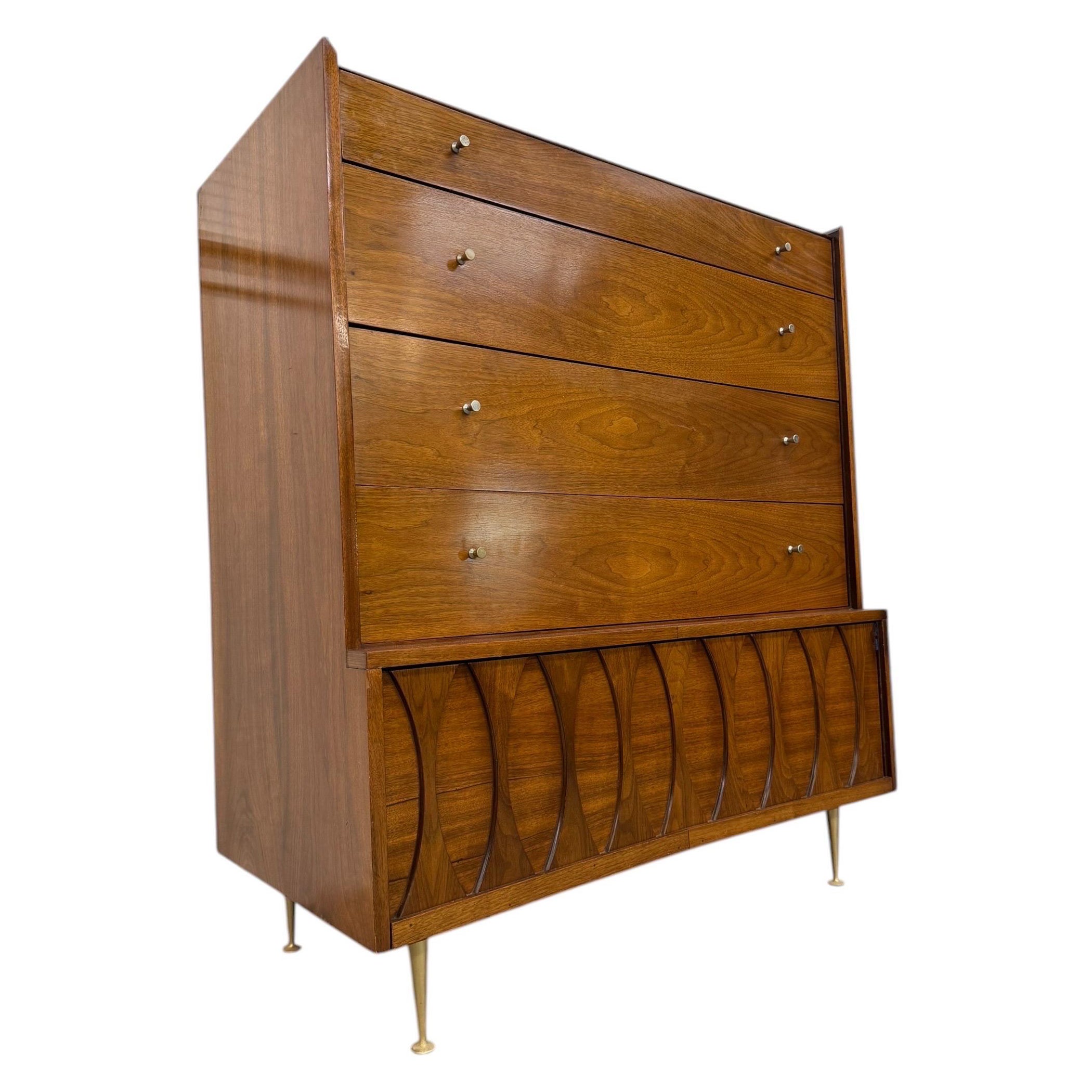 Mid-Century Modern Catseye Walnut High Chest w/Original Legs