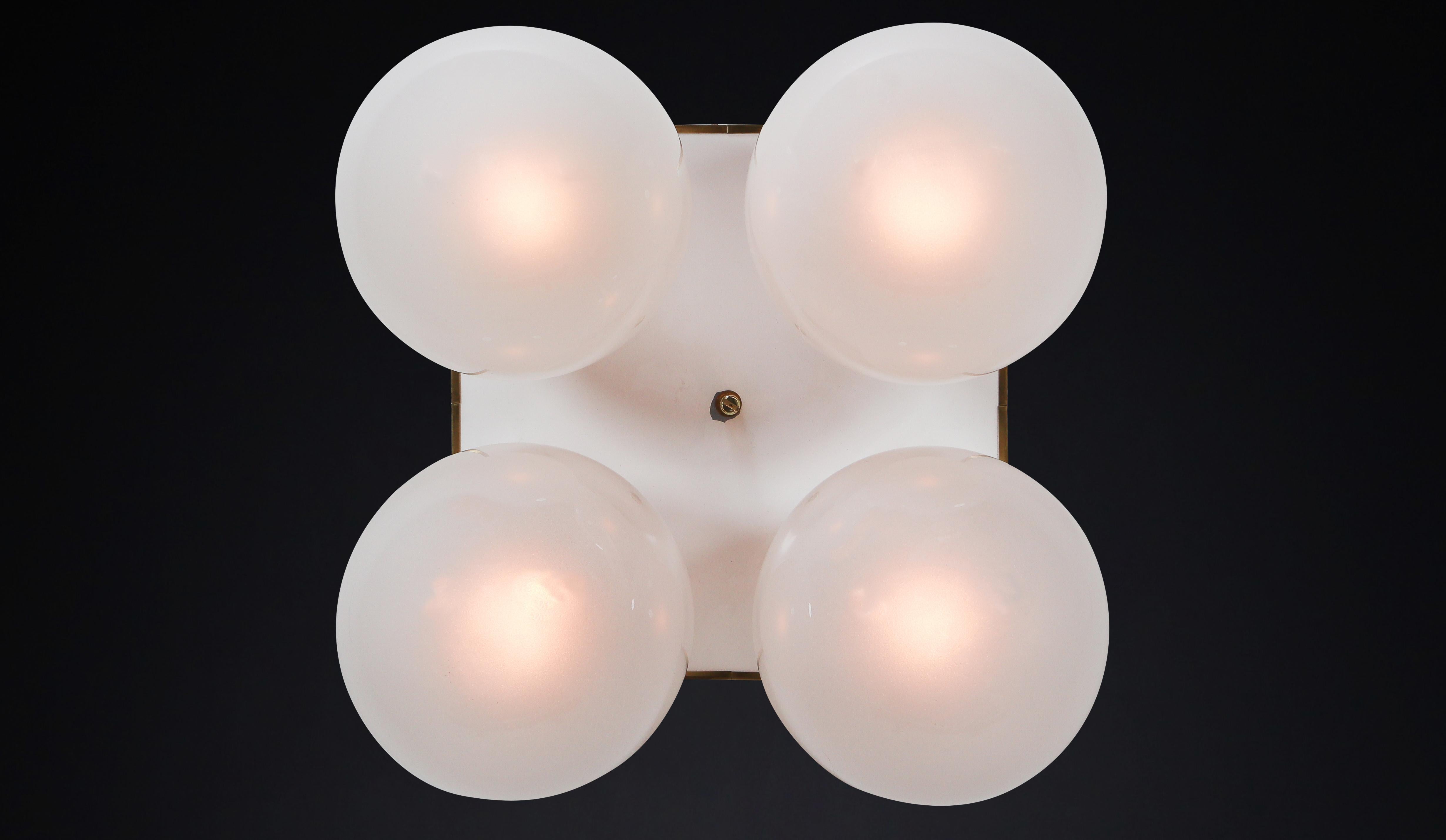 Mid-Century Modern Brass Ceiling Chandeliers with Four Pearl White Glass Globes For Sale 1