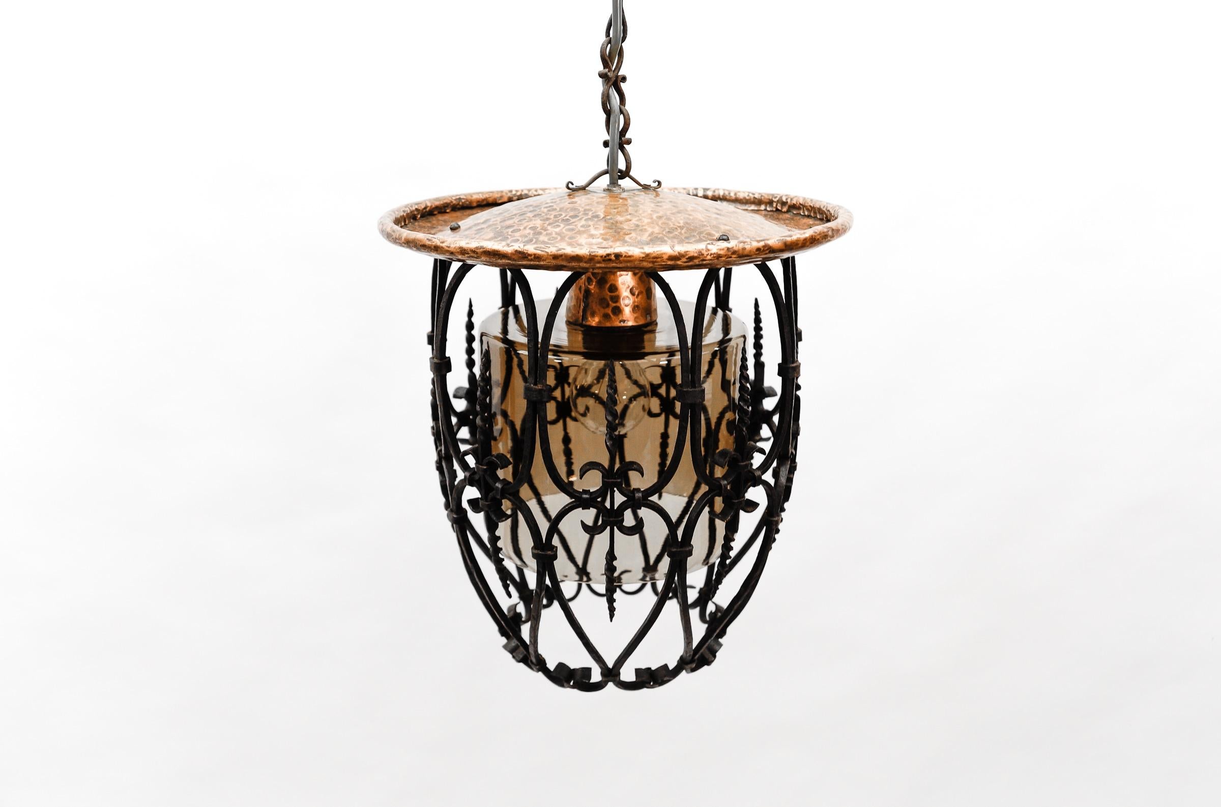 European Mid-Century Modern Ceiling Lamp Made in Iron, Copper and Glass, 1950s For Sale