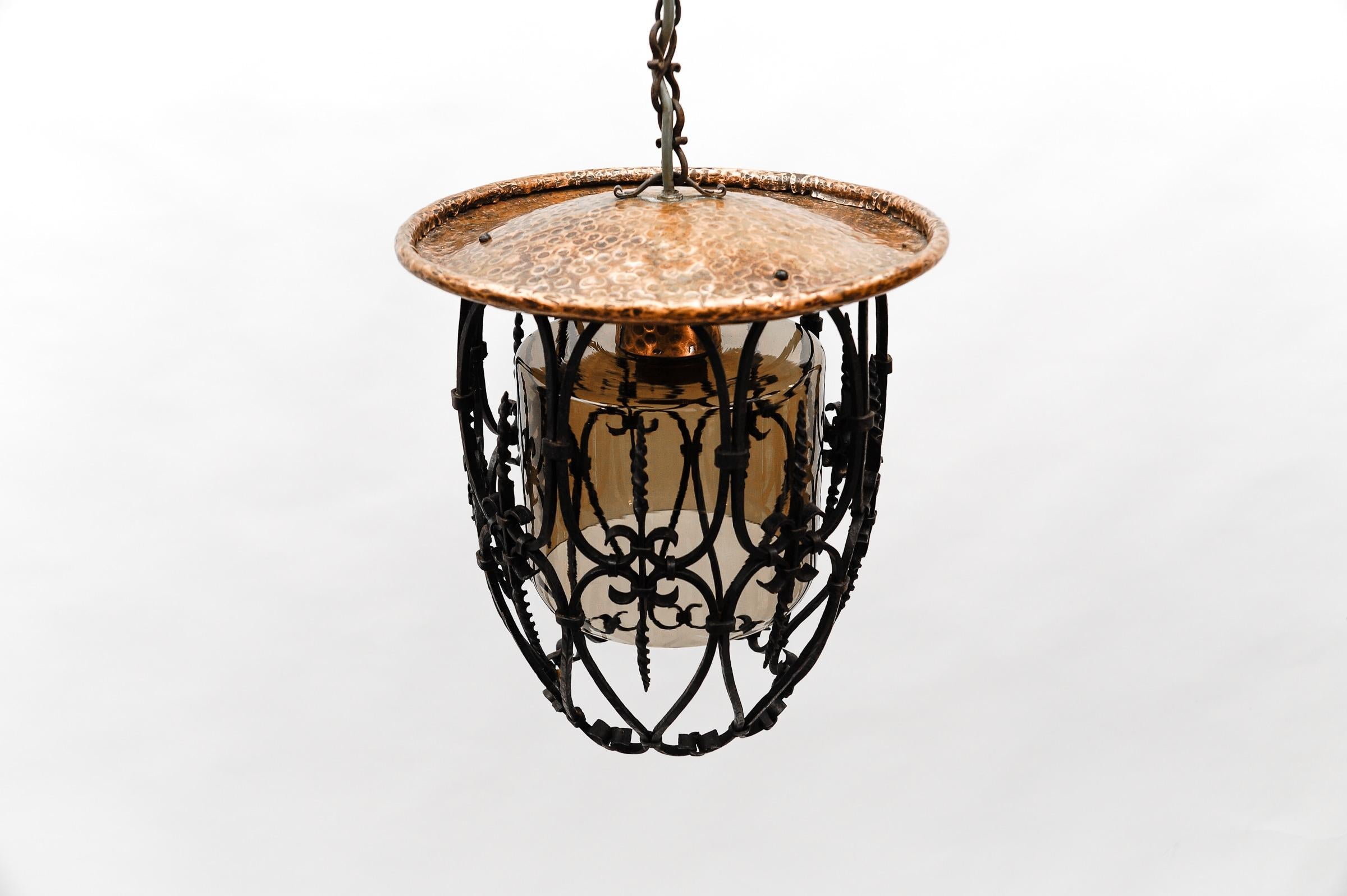 Mid-Century Modern Ceiling Lamp Made in Iron, Copper and Glass, 1950s In Good Condition For Sale In Nürnberg, Bayern