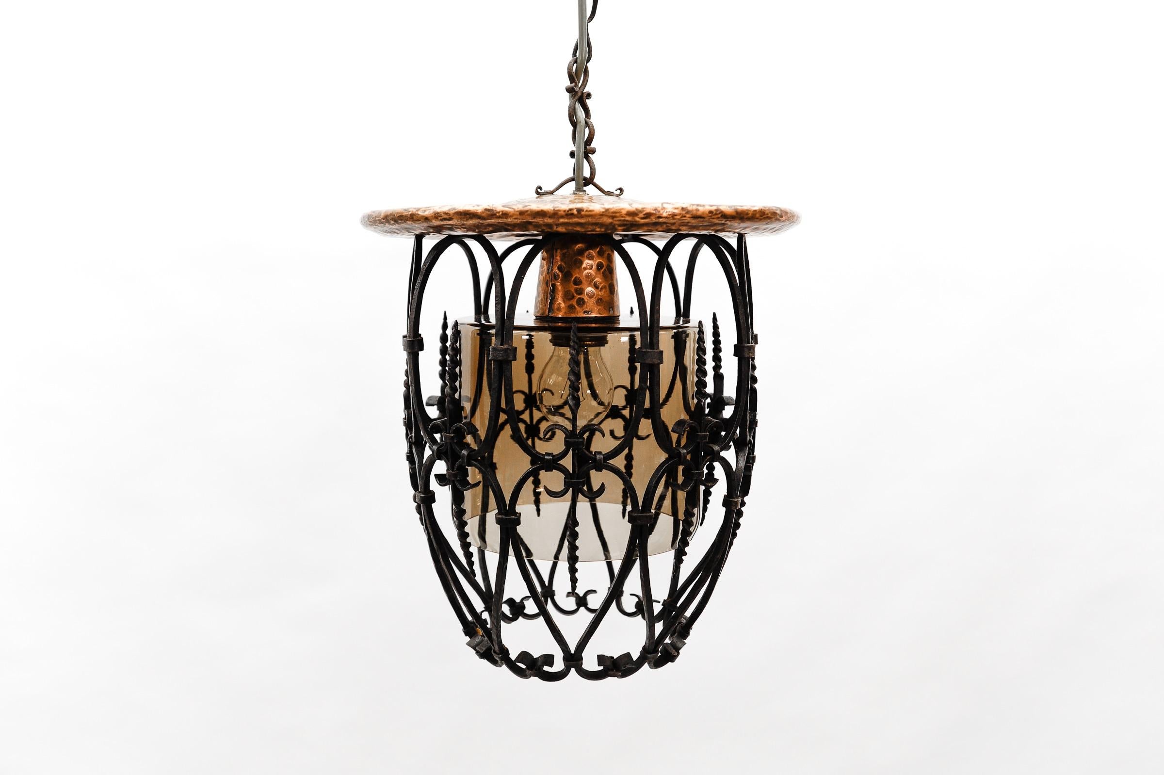 Metal Mid-Century Modern Ceiling Lamp Made in Iron, Copper and Glass, 1950s For Sale