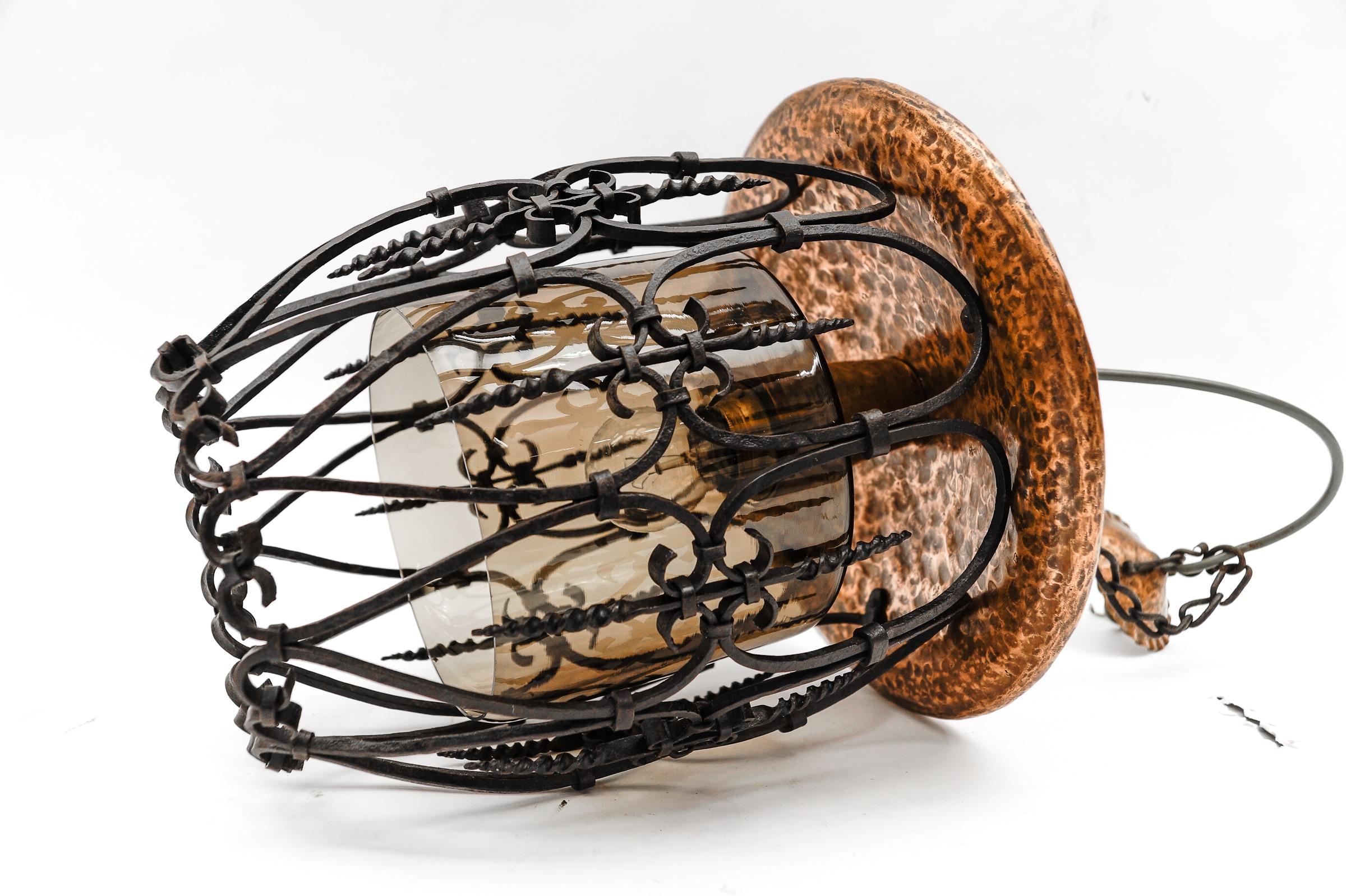 Mid-Century Modern Ceiling Lamp Made in Iron, Copper and Glass, 1950s For Sale 2