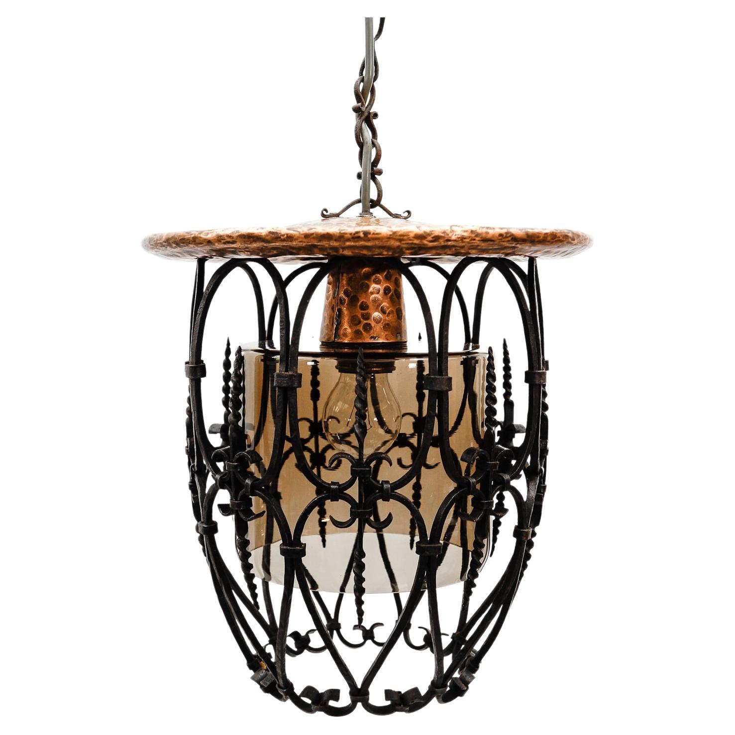 Mid-Century Modern Ceiling Lamp Made in Iron, Copper and Glass, 1950s For Sale