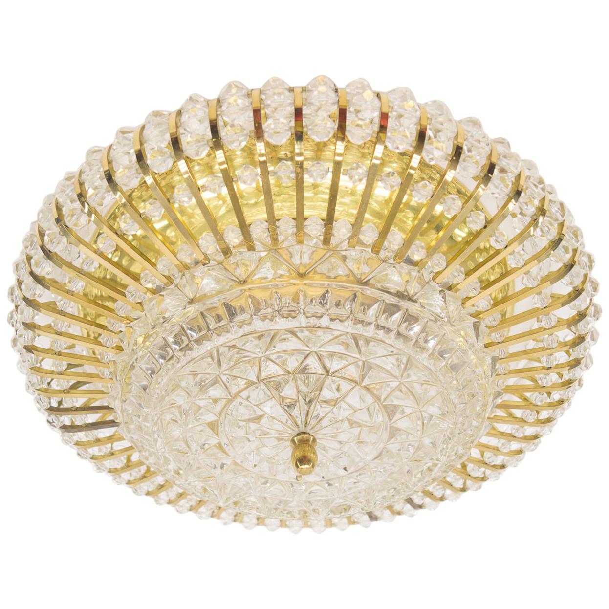 Mid-Century Modern Ceiling Lamp with Glass Stones and Brass Frame