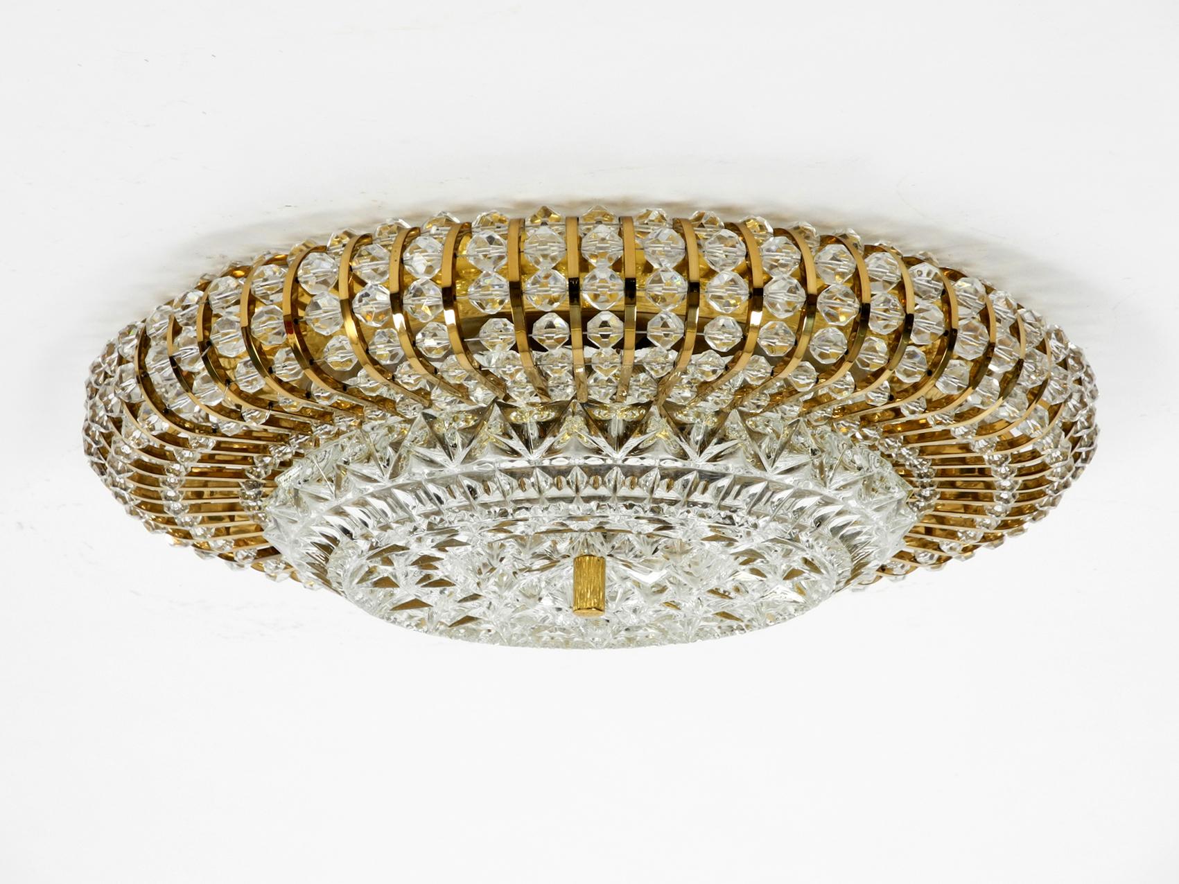 German Mid-Century Modern Ceiling Lamp with Glass Stones and Brass Frame from Palwa