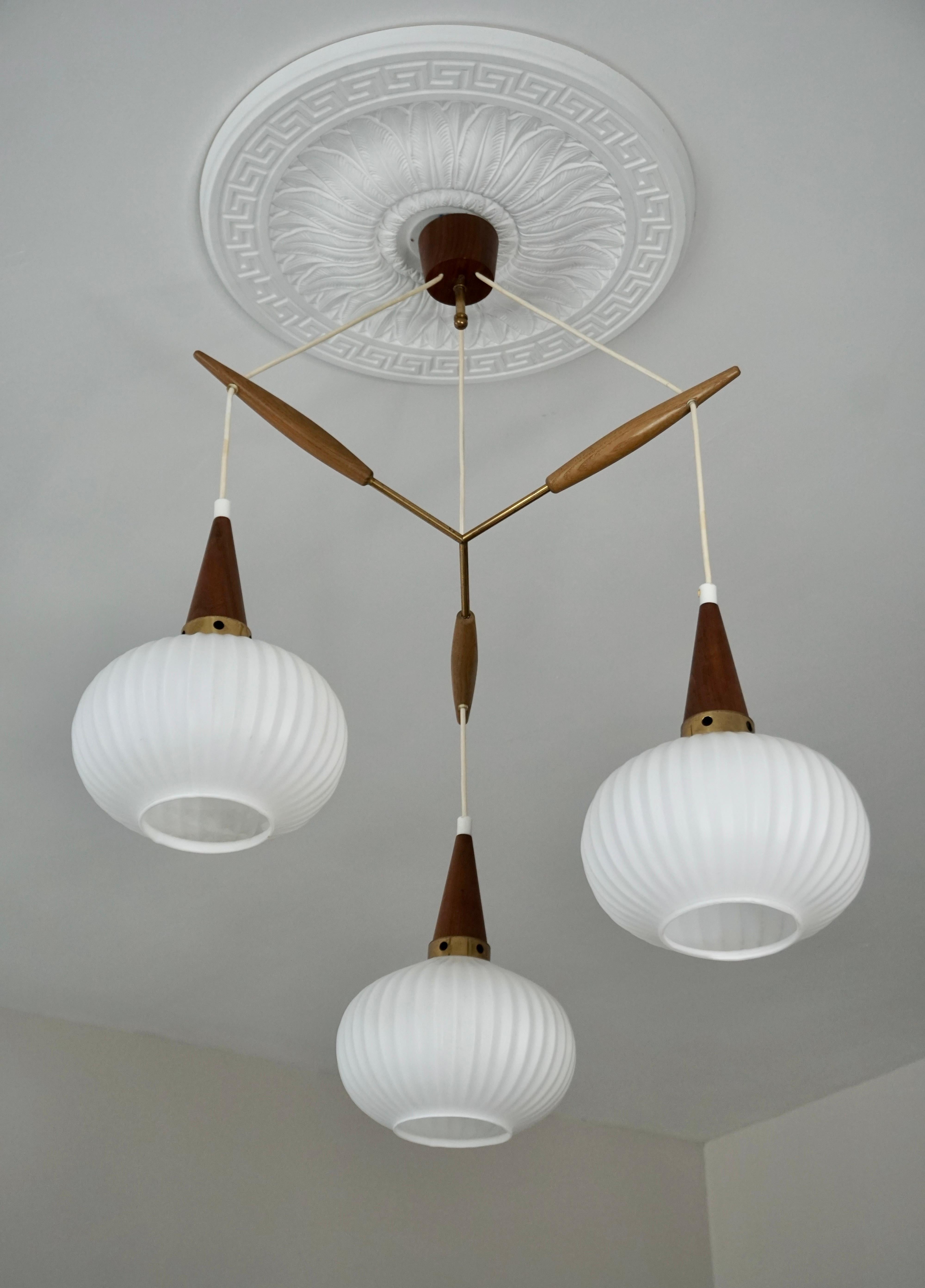 French Mid Century Modern Ceiling Light by Rispal in Teak and Opaline Glass - brass For Sale
