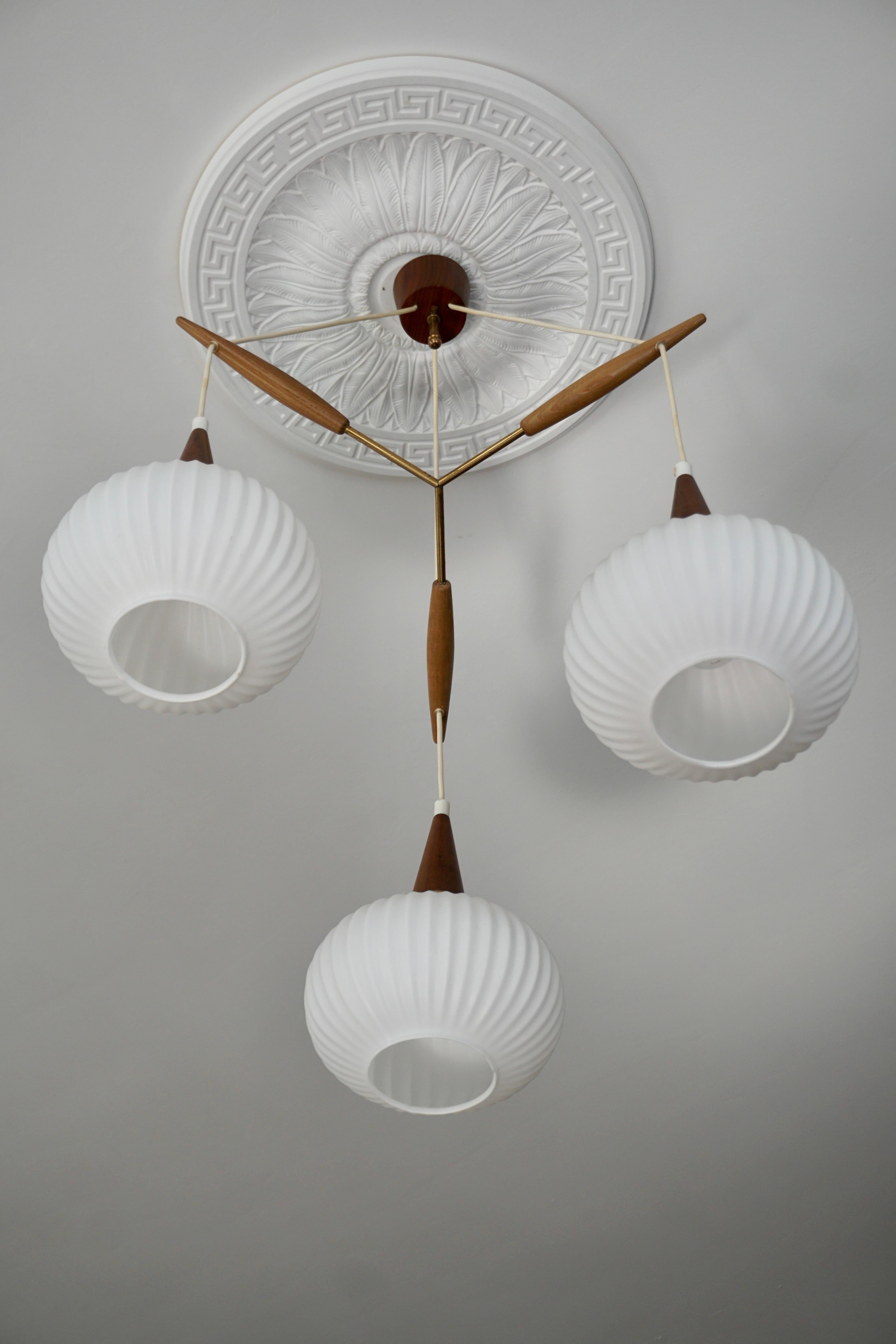 Mid Century Modern Ceiling Light by Rispal in Teak and Opaline Glass - brass In Good Condition For Sale In Antwerp, BE