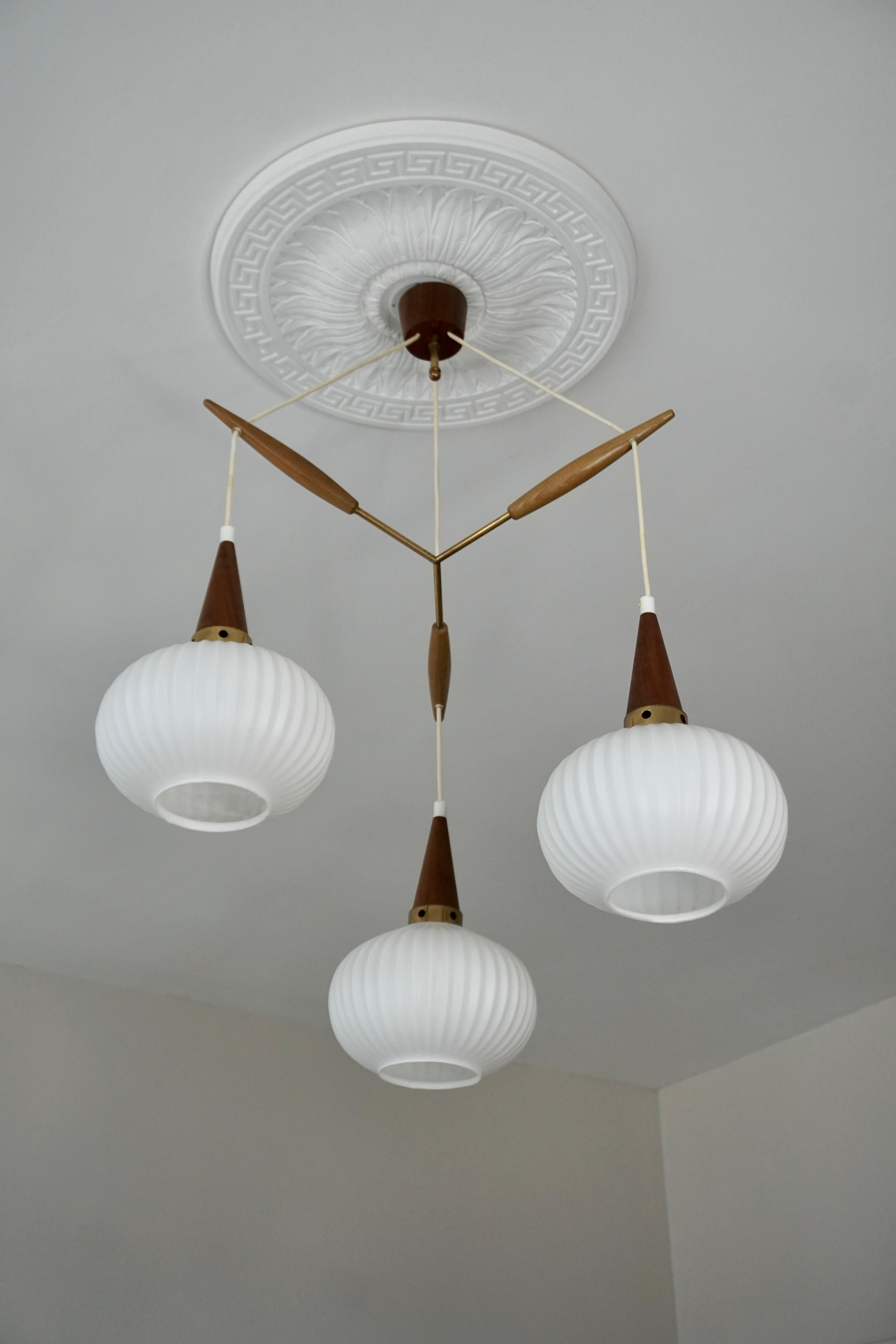 20th Century Mid Century Modern Ceiling Light by Rispal in Teak and Opaline Glass - brass For Sale