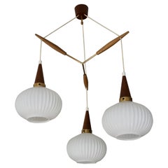 Plafoniera moderna del Mid Century di Rispal in teak e vetro opalino - ottone