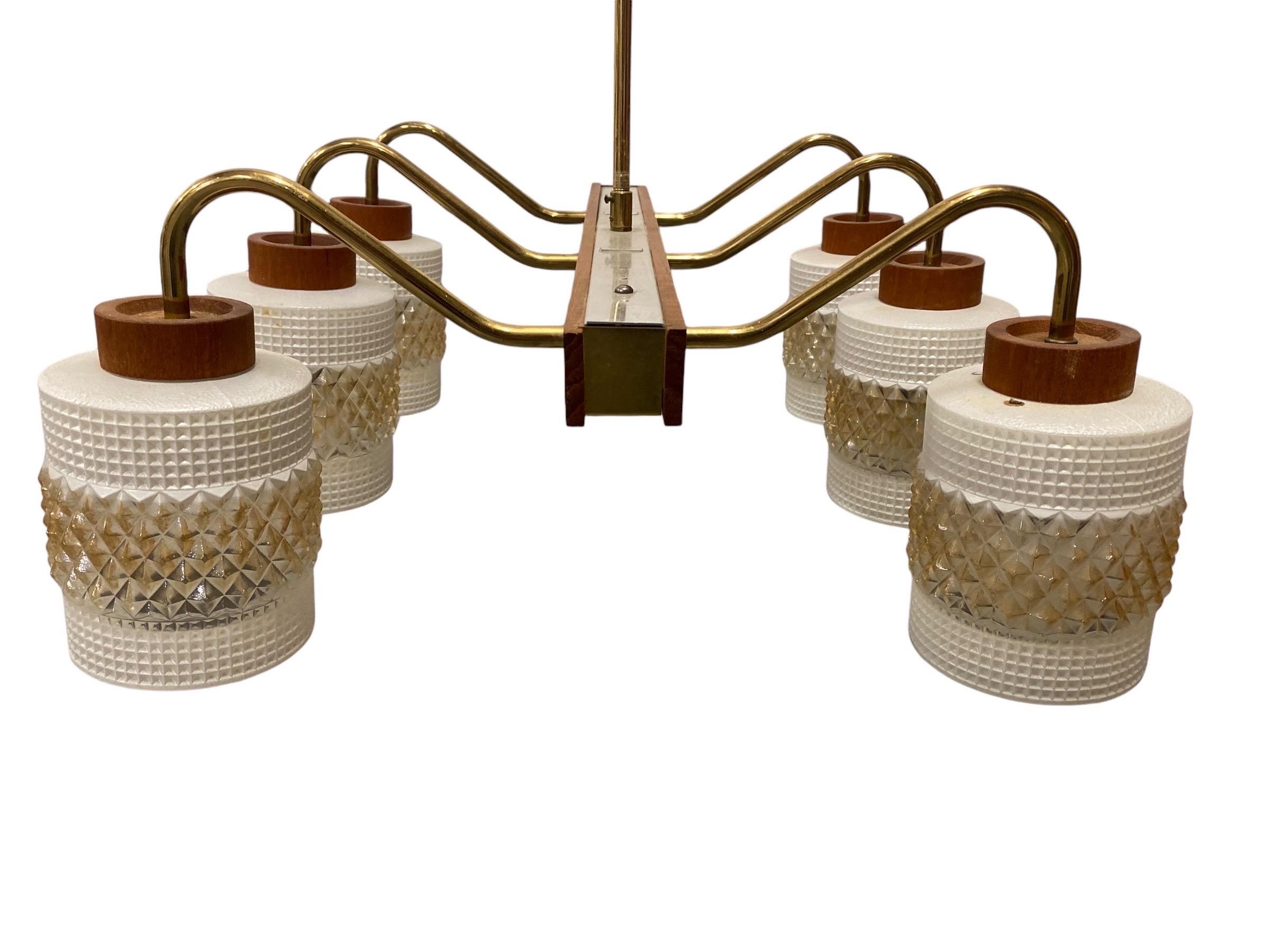Mid-Century Modern Ceiling Pendant in Brass, Glass and Teak, Aris Finland 1960s For Sale 4