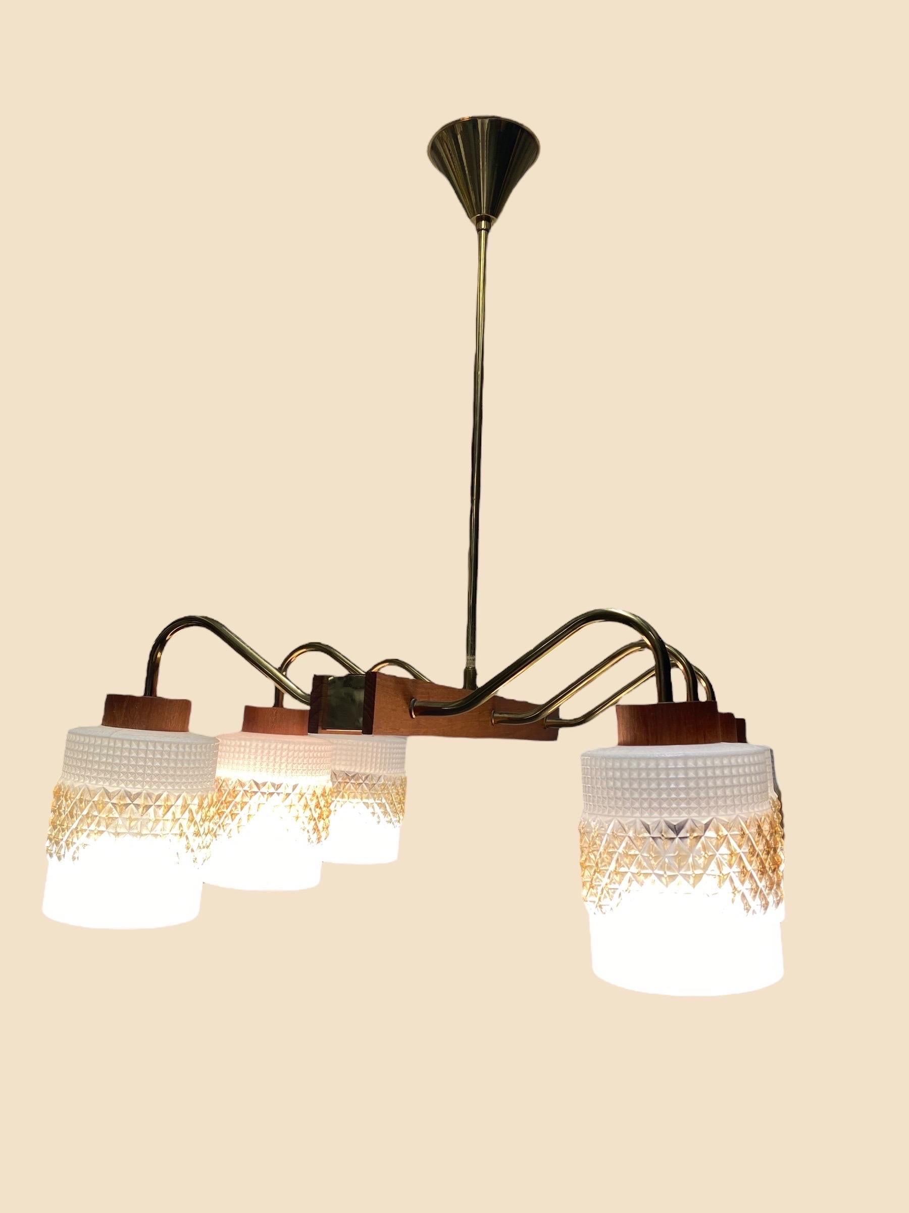 Mid-Century Modern Ceiling Pendant in Brass, Glass and Teak, Aris Finland 1960s For Sale 5