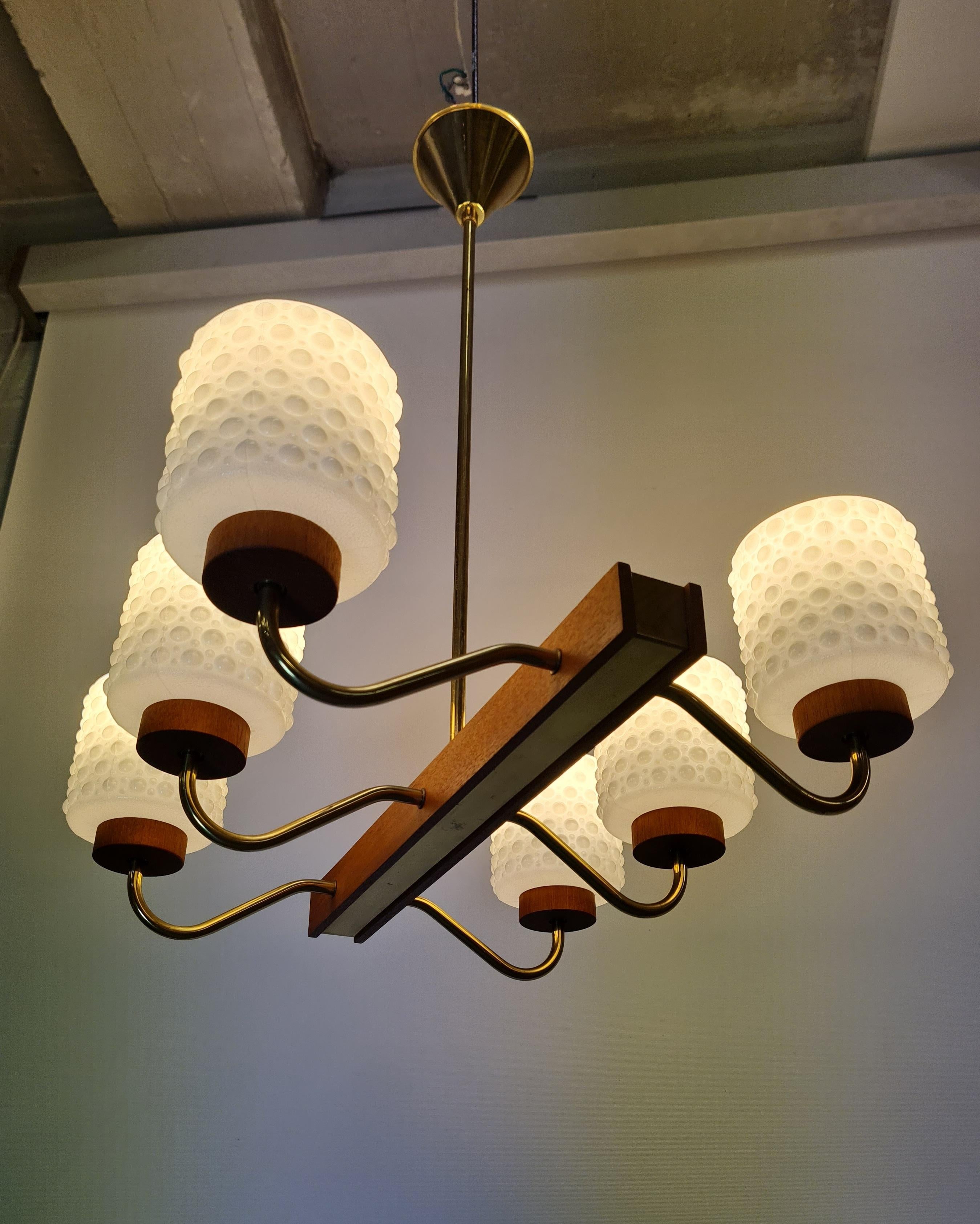 Mid-Century Modern Ceiling Pendant in Brass, Glass and Teak, Aris Finland 1960s For Sale 5