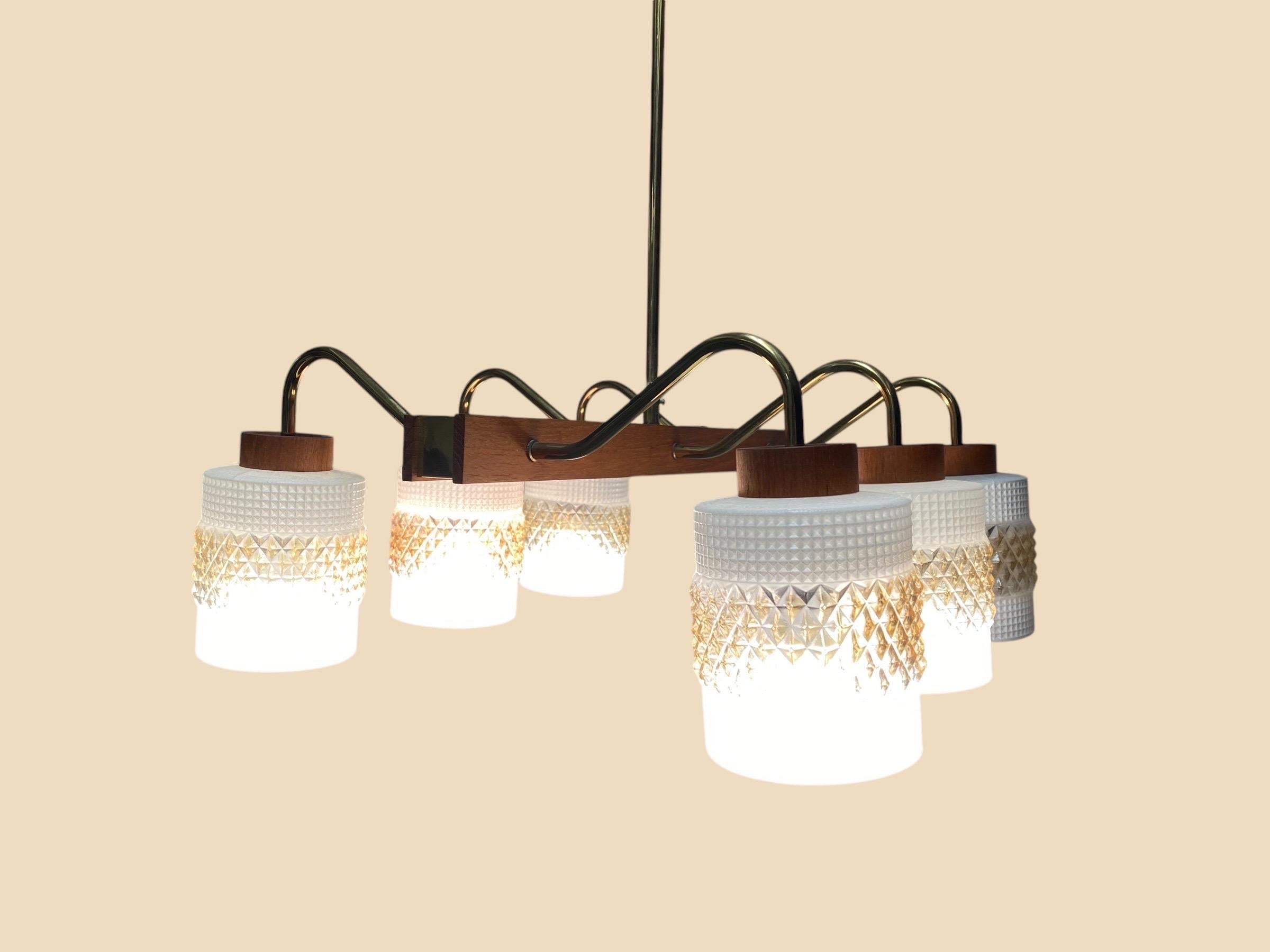 Mid-Century Modern Ceiling Pendant in Brass, Glass and Teak, Aris Finland 1960s For Sale 6