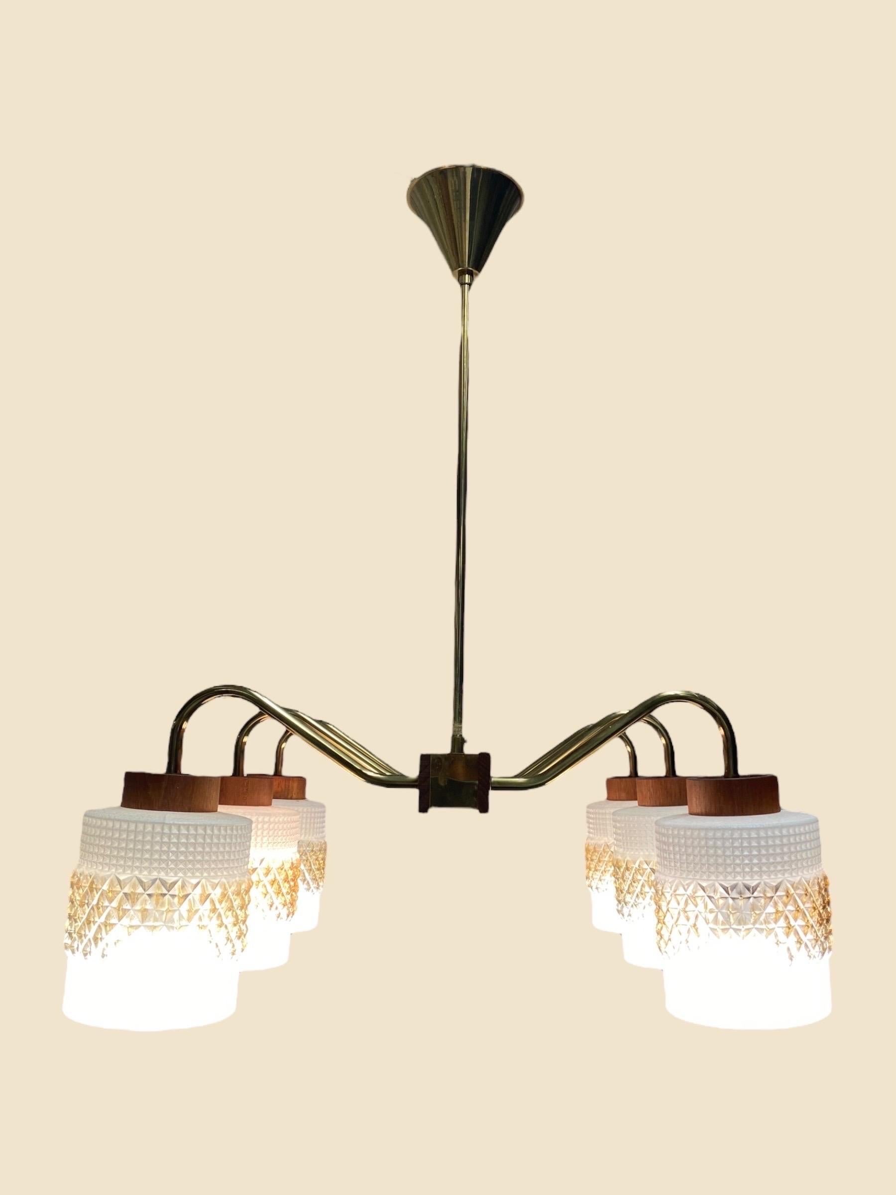 Mid-Century Modern Ceiling Pendant in Brass, Glass and Teak, Aris Finland 1960s For Sale 9