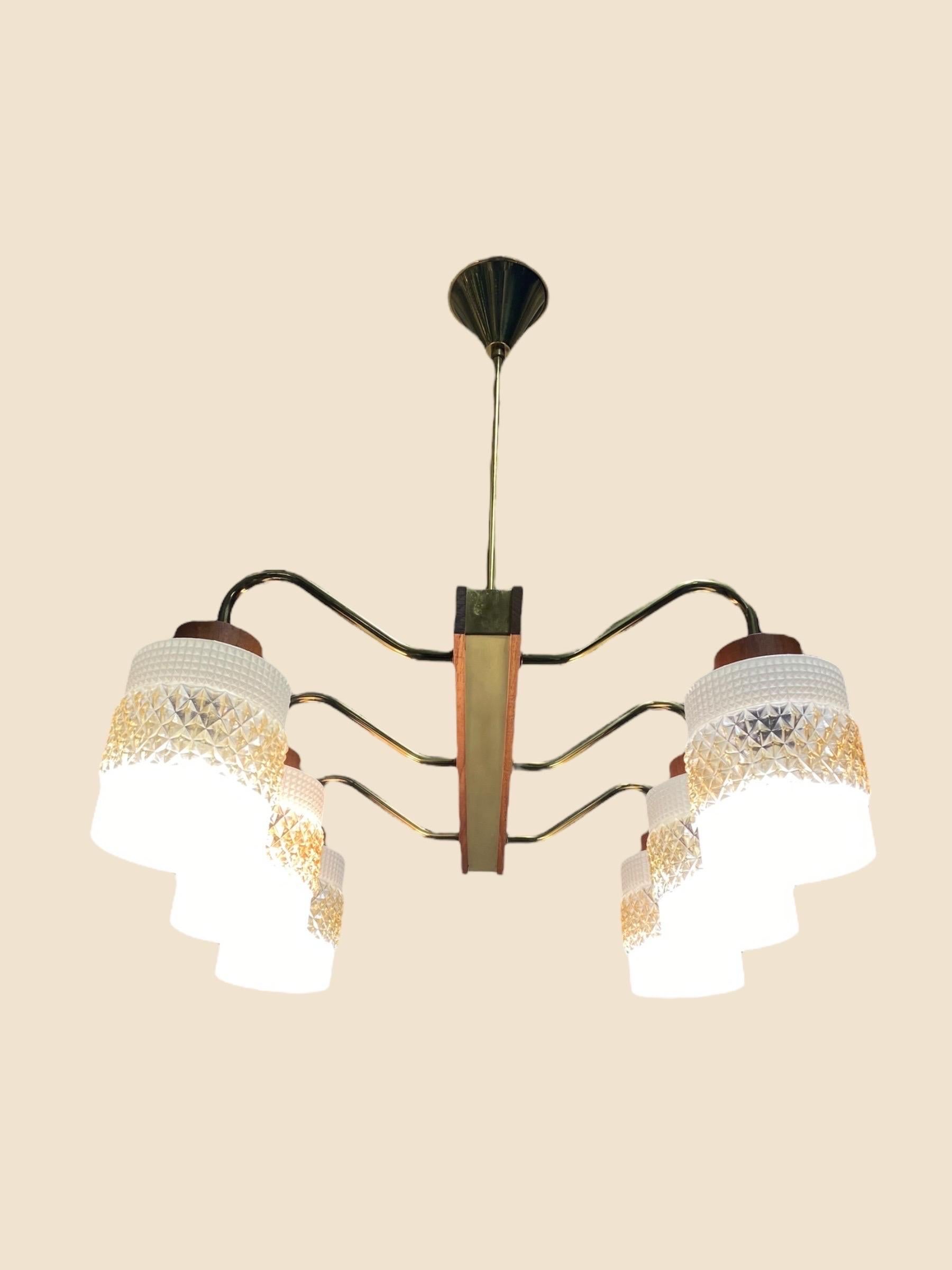Mid-Century Modern Ceiling Pendant in Brass, Glass and Teak, Aris Finland 1960s For Sale 10