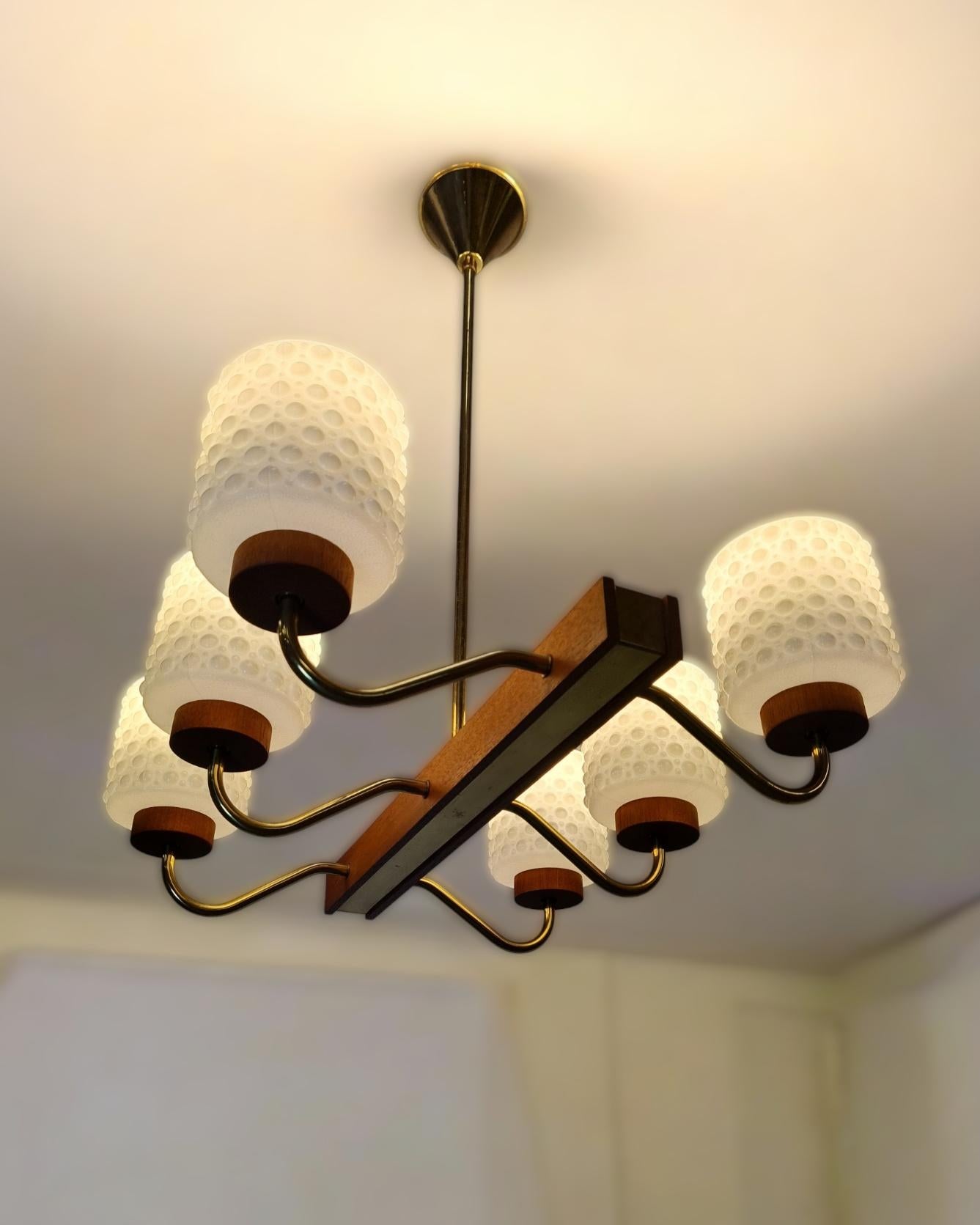 Mid-Century Modern Ceiling Pendant in Brass, Glass and Teak, Aris Finland 1960s For Sale 11