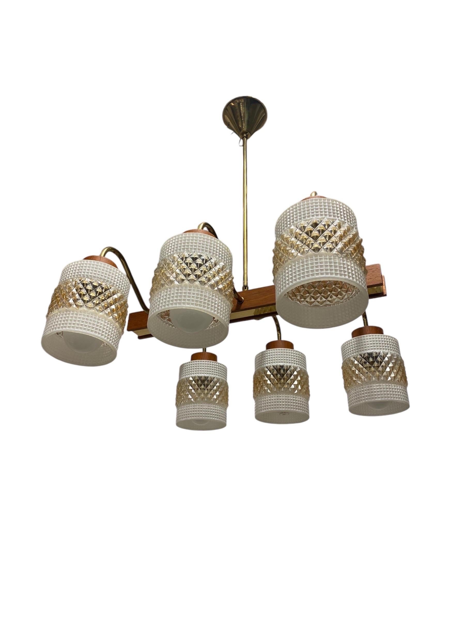 Finnish Mid-Century Modern Ceiling Pendant in Brass, Glass and Teak, Aris Finland 1960s For Sale