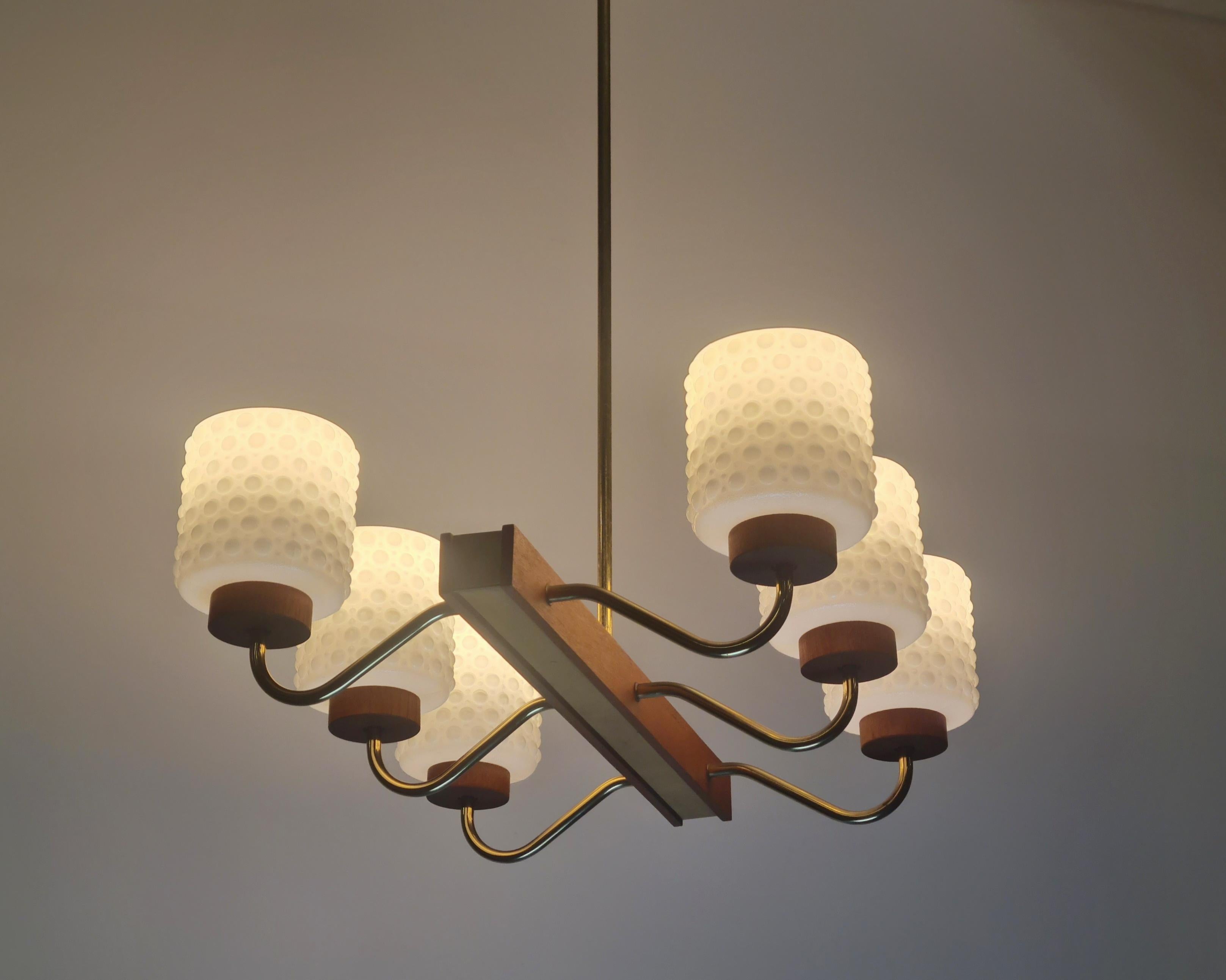 Finnish Mid-Century Modern Ceiling Pendant in Brass, Glass and Teak, Aris Finland 1960s For Sale