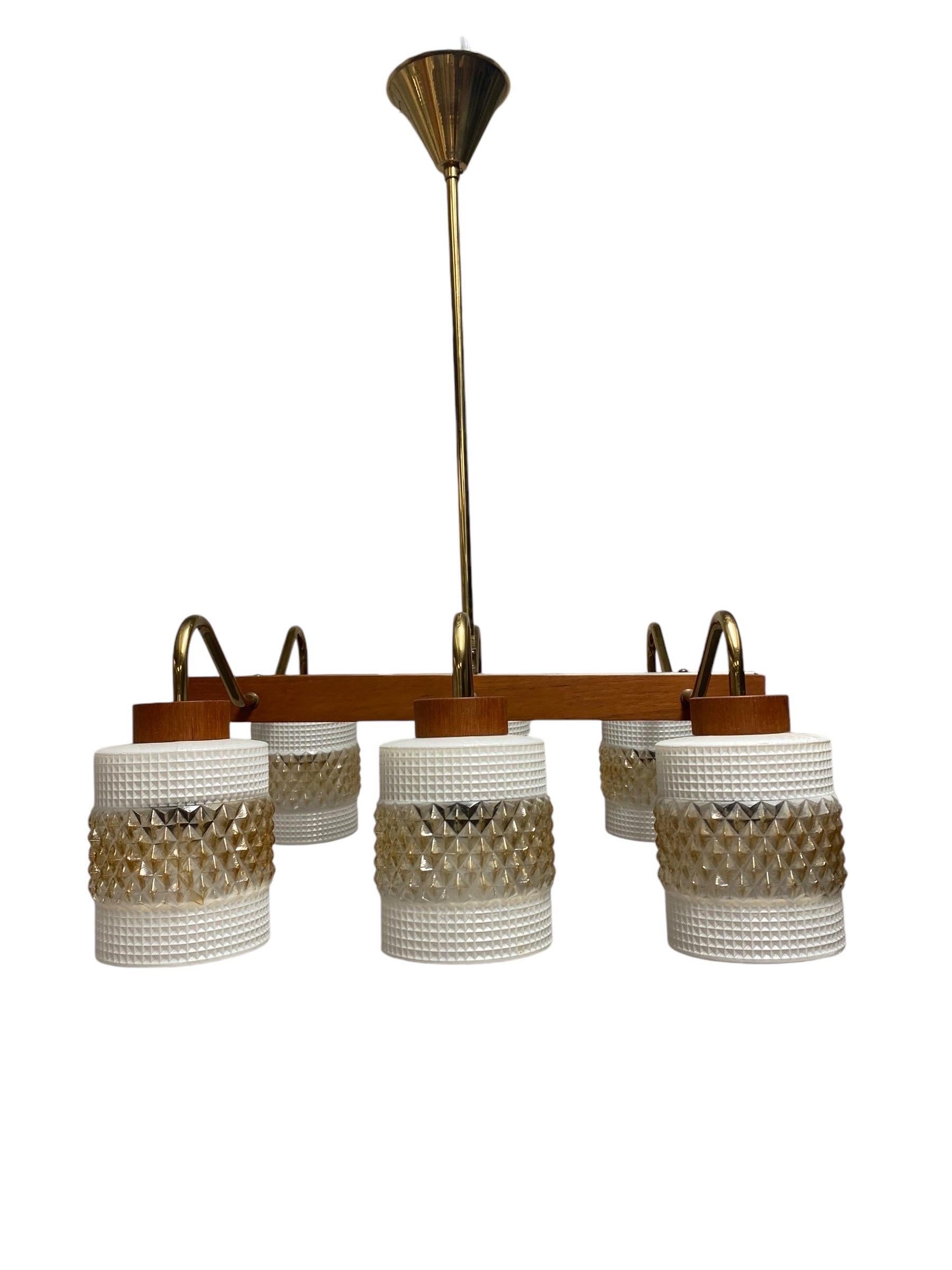Mid-Century Modern Ceiling Pendant in Brass, Glass and Teak, Aris Finland 1960s In Good Condition For Sale In Helsinki, FI