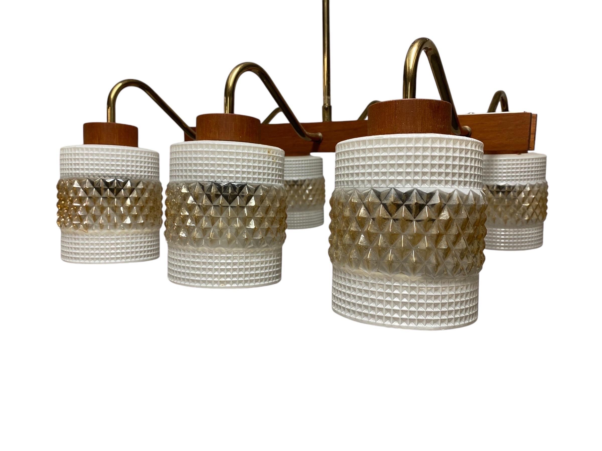 Mid-20th Century Mid-Century Modern Ceiling Pendant in Brass, Glass and Teak, Aris Finland 1960s For Sale
