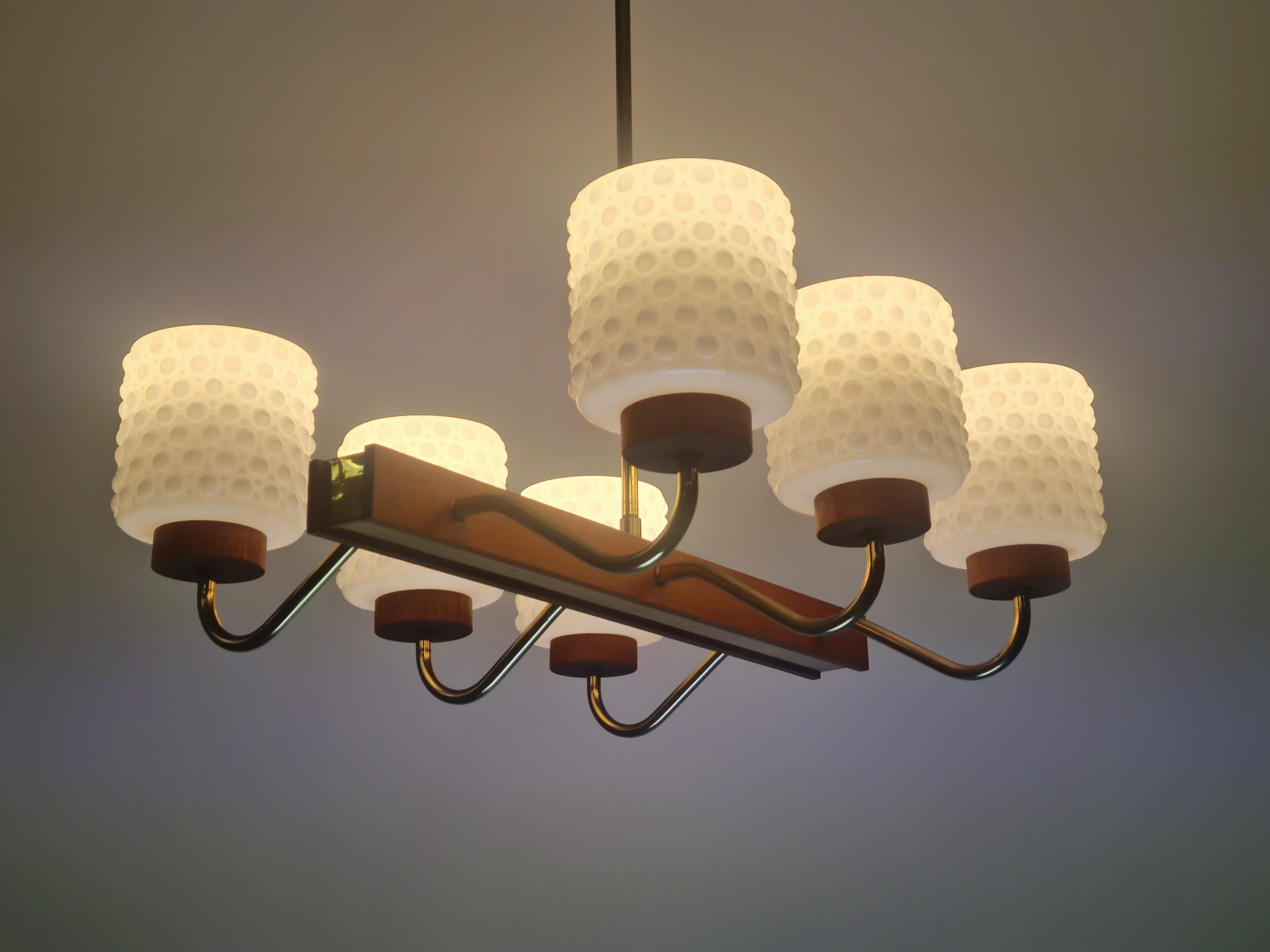 Mid-20th Century Mid-Century Modern Ceiling Pendant in Brass, Glass and Teak, Aris Finland 1960s For Sale