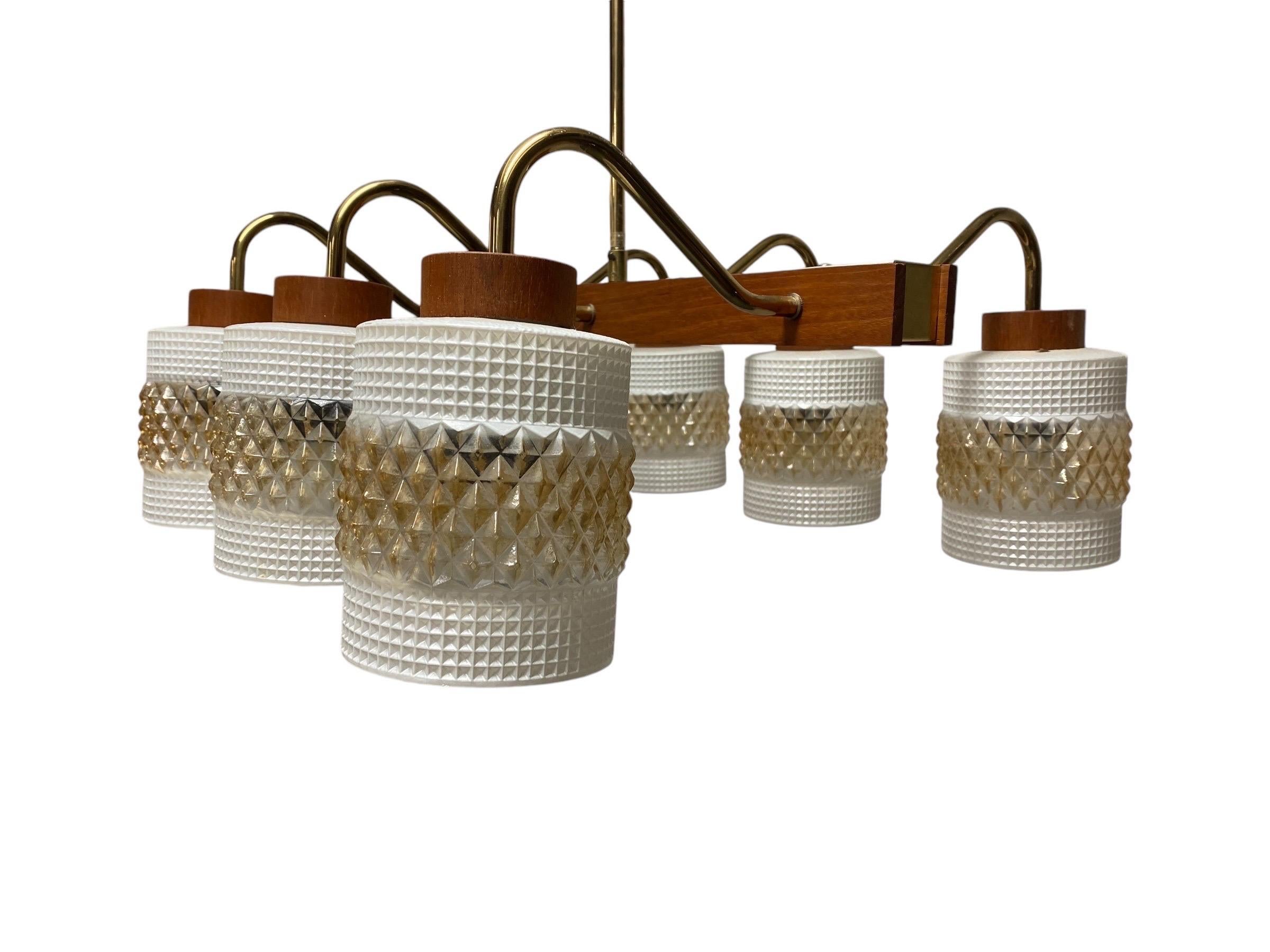 Metal Mid-Century Modern Ceiling Pendant in Brass, Glass and Teak, Aris Finland 1960s For Sale