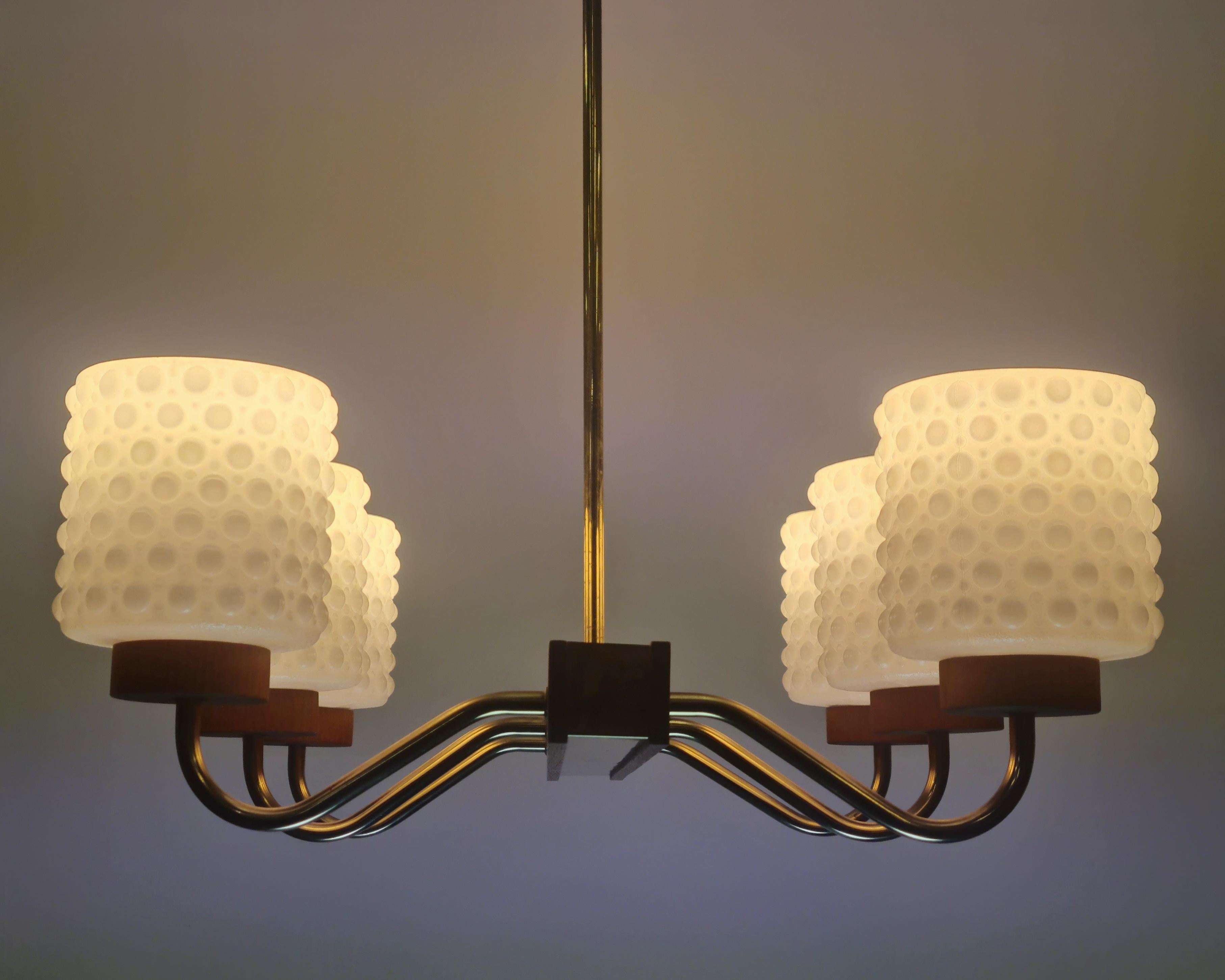Metal Mid-Century Modern Ceiling Pendant in Brass, Glass and Teak, Aris Finland 1960s For Sale