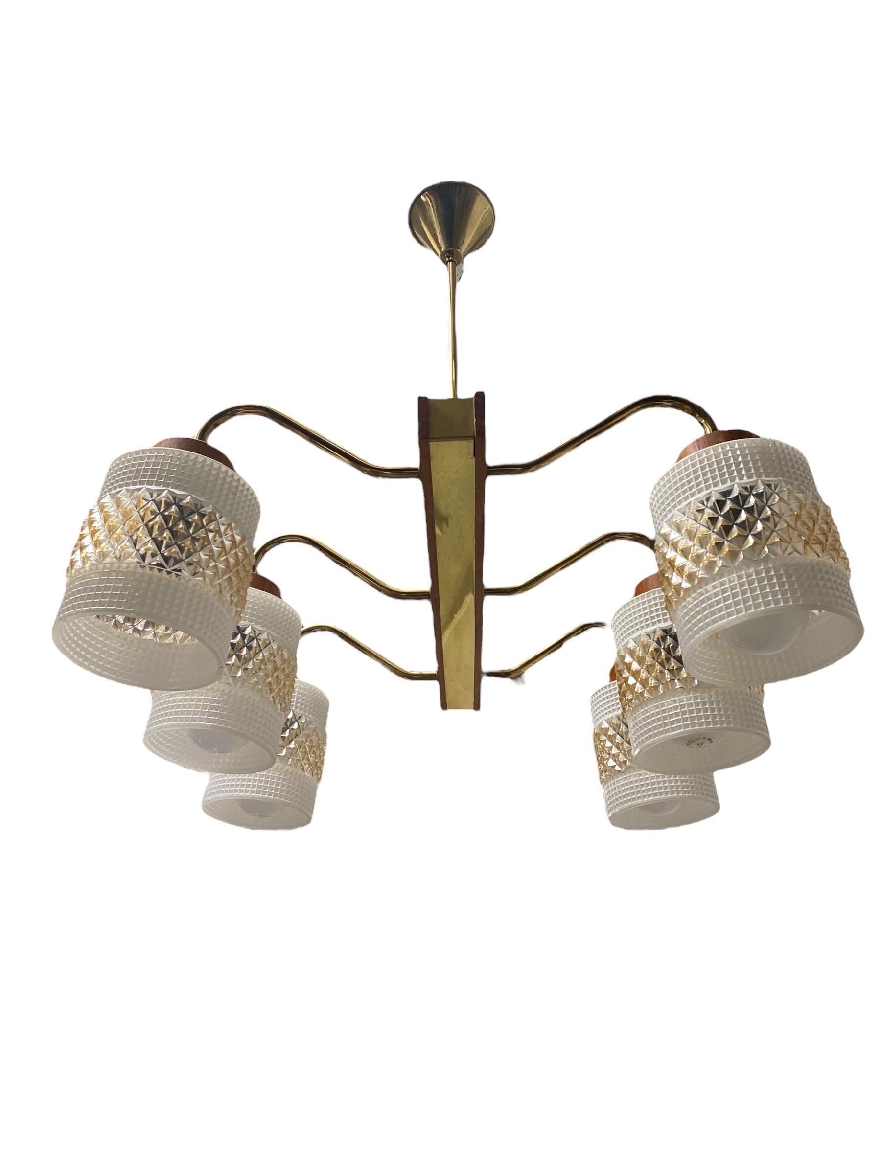 Mid-Century Modern Ceiling Pendant in Brass, Glass and Teak, Aris Finland 1960s For Sale 1