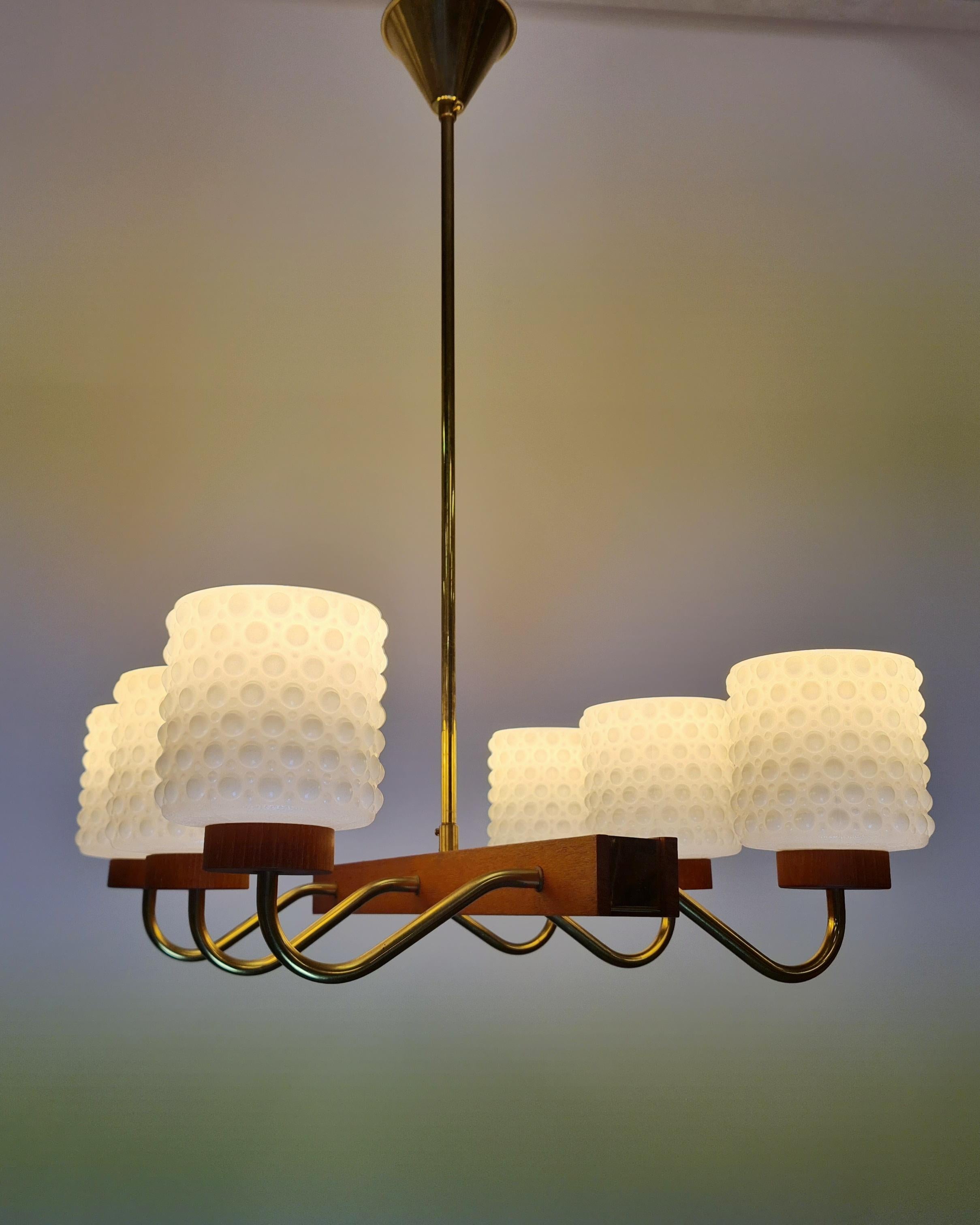Mid-Century Modern Ceiling Pendant in Brass, Glass and Teak, Aris Finland 1960s For Sale 1