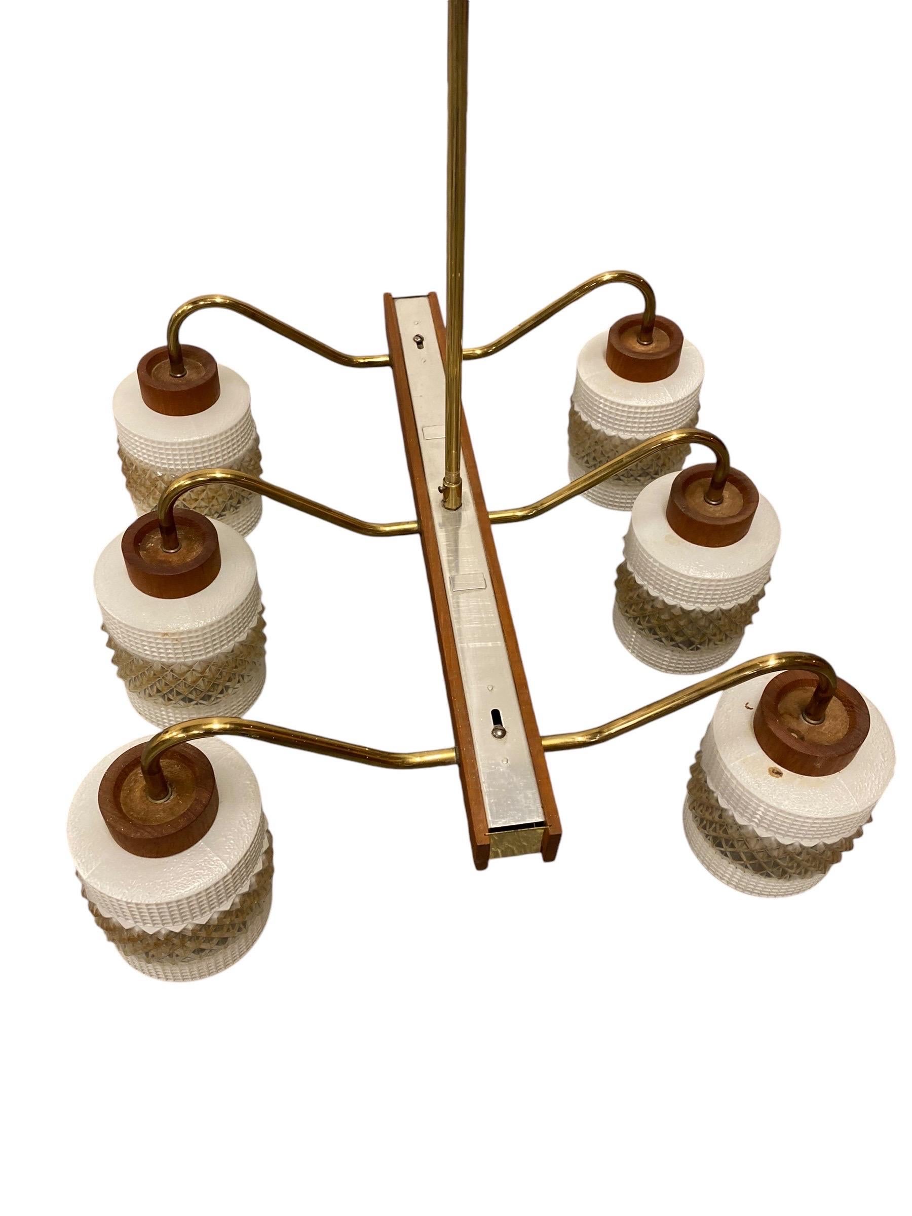 Mid-Century Modern Ceiling Pendant in Brass, Glass and Teak, Aris Finland 1960s For Sale 2