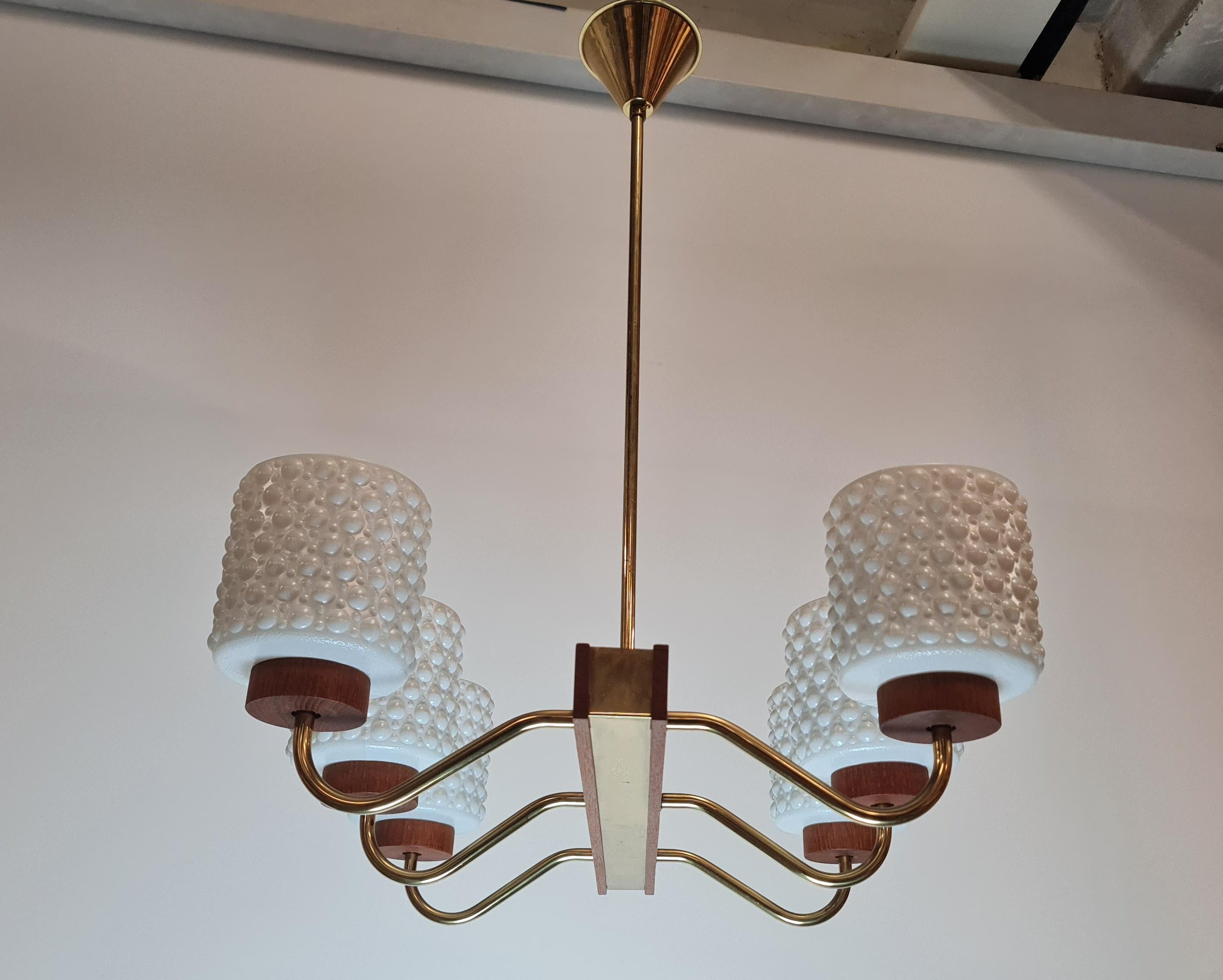 Mid-Century Modern Ceiling Pendant in Brass, Glass and Teak, Aris Finland 1960s For Sale 2