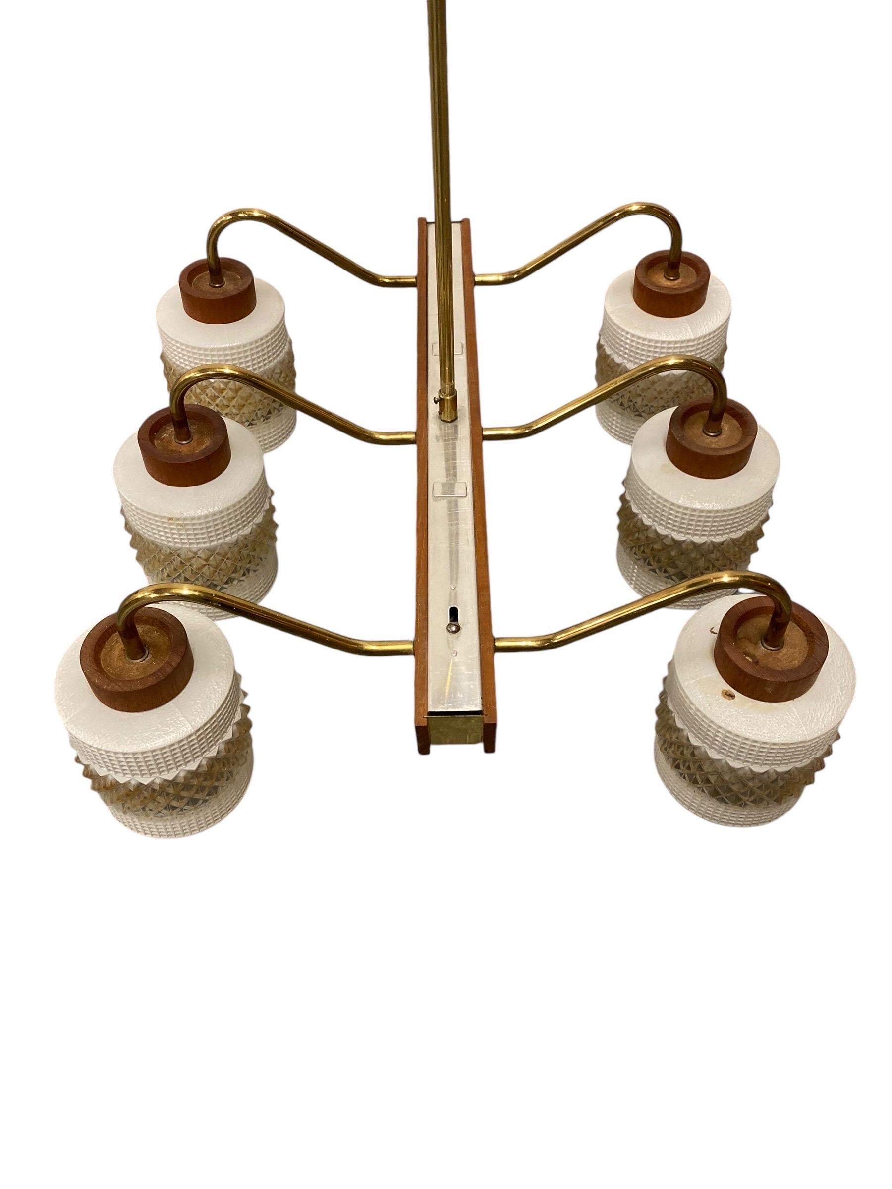 Mid-Century Modern Ceiling Pendant in Brass, Glass and Teak, Aris Finland 1960s For Sale 3