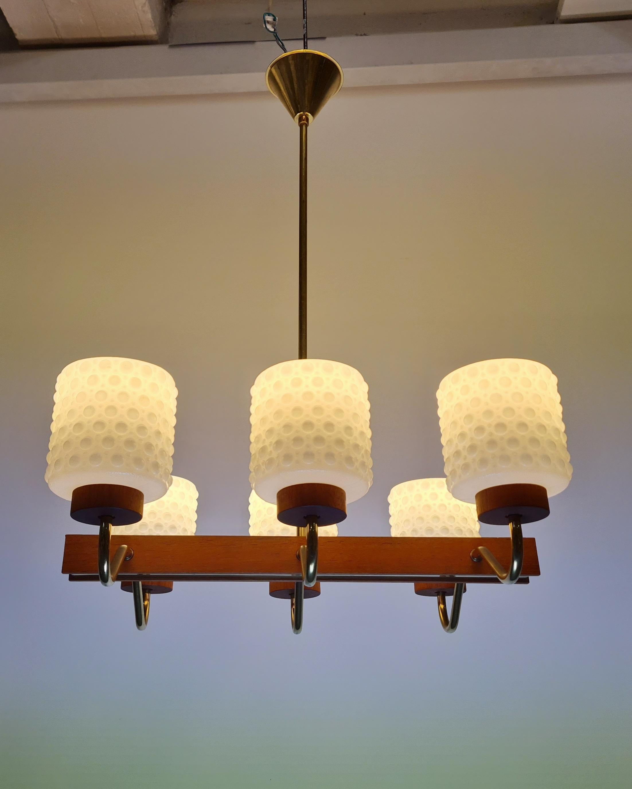 Mid-Century Modern Ceiling Pendant in Brass, Glass and Teak, Aris Finland 1960s For Sale 3