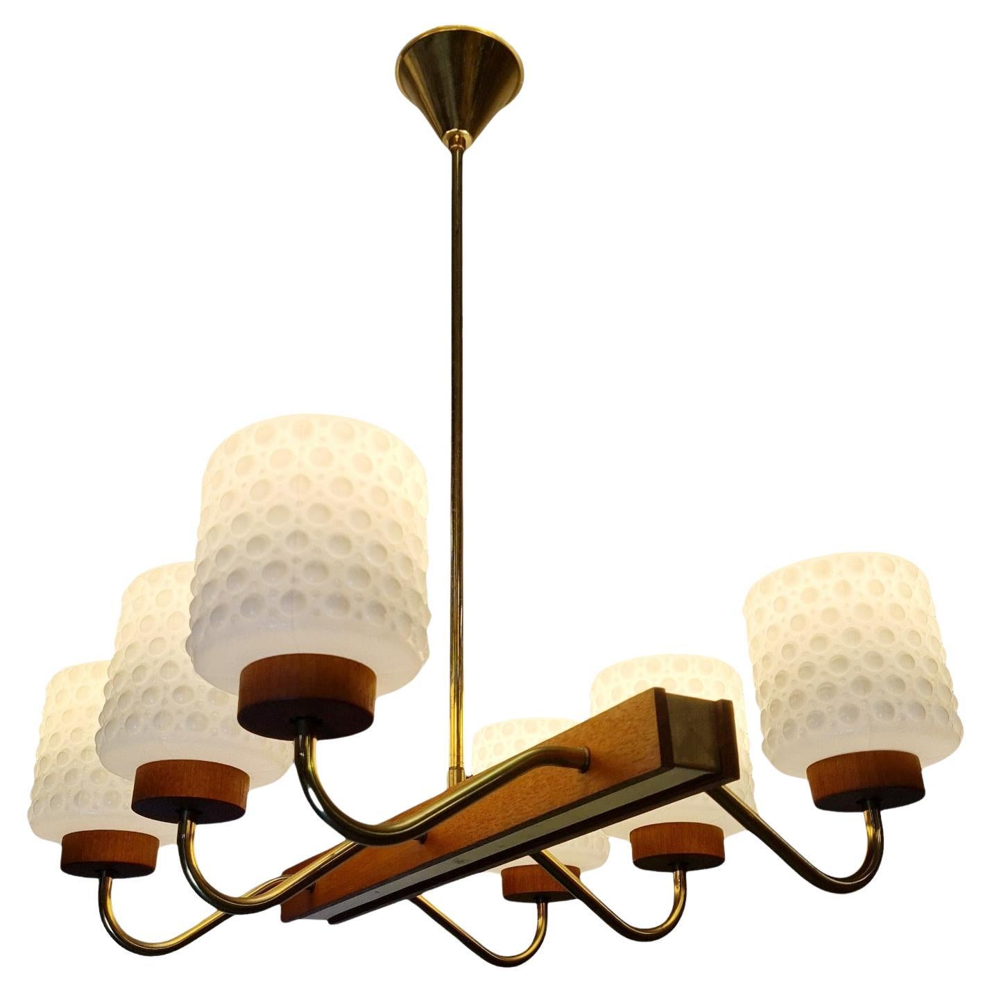 Mid-Century Modern Ceiling Pendant in Brass, Glass and Teak, Aris Finland 1960s