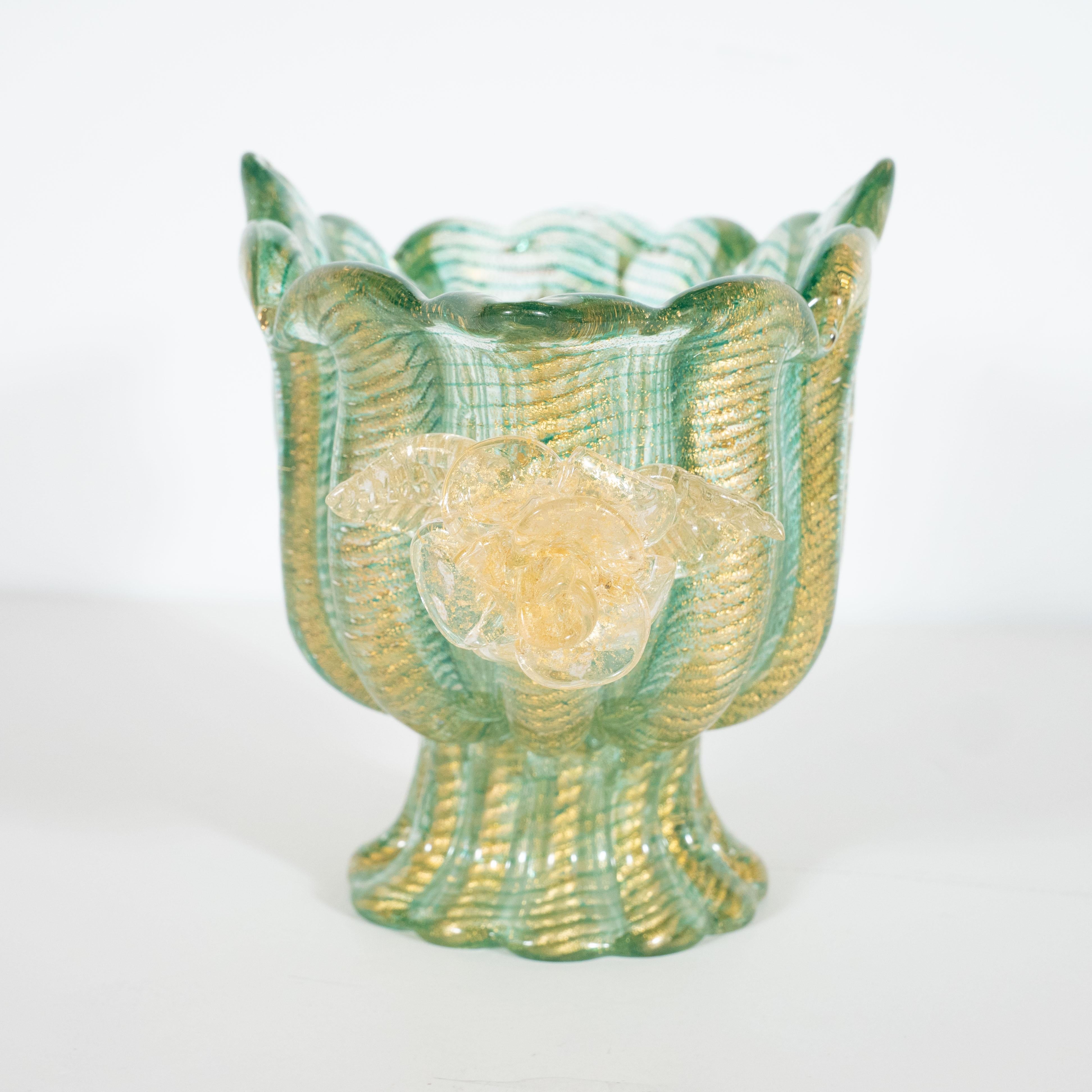 Blown Glass Mid-Century Modern Celadon & Cordonato d'Oro Pedestal Vase by Barovier & Toso