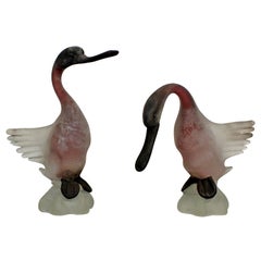 Mid-Century Modern Cenedese Pair of Frosted Glass Geese Table Sculptures Murano