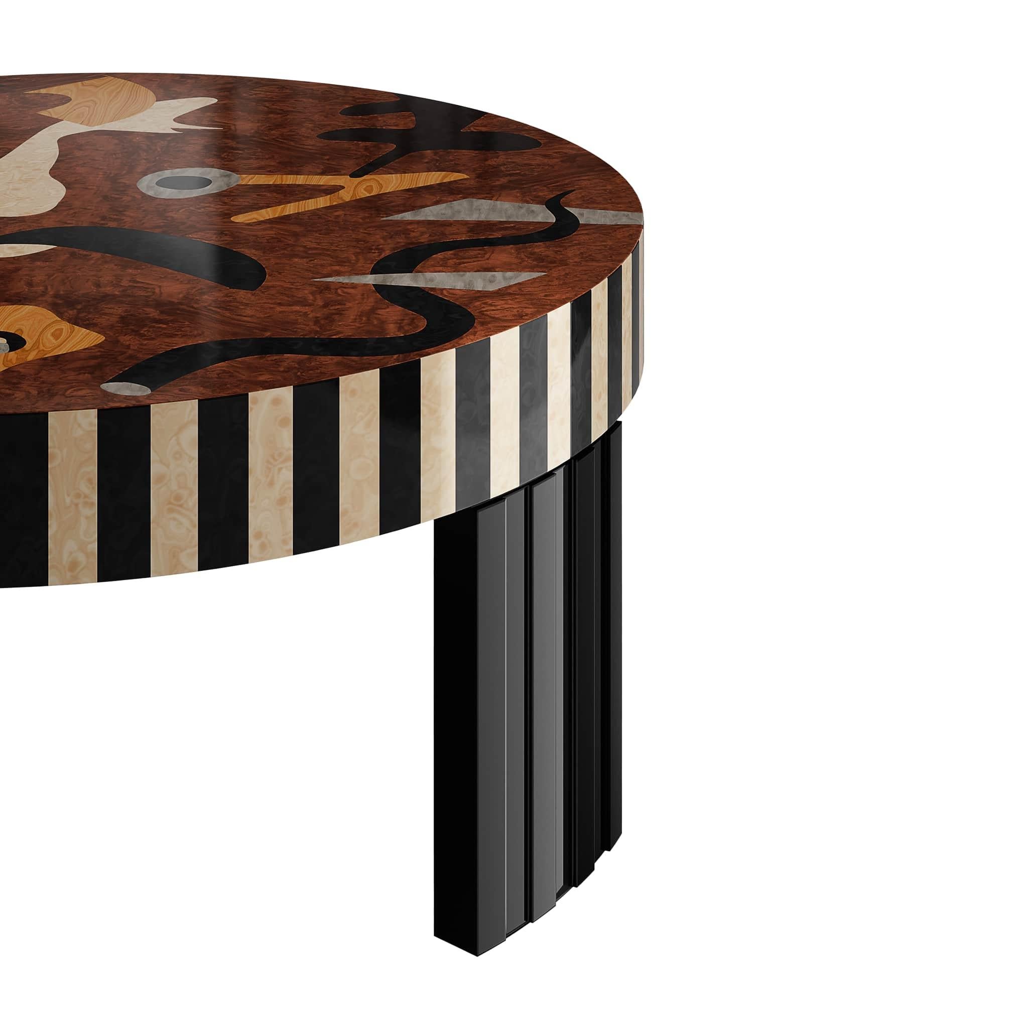Portuguese Mid-Century Modern Center Coffee Table Abstract Figures Walnut Wood Marquetry For Sale
