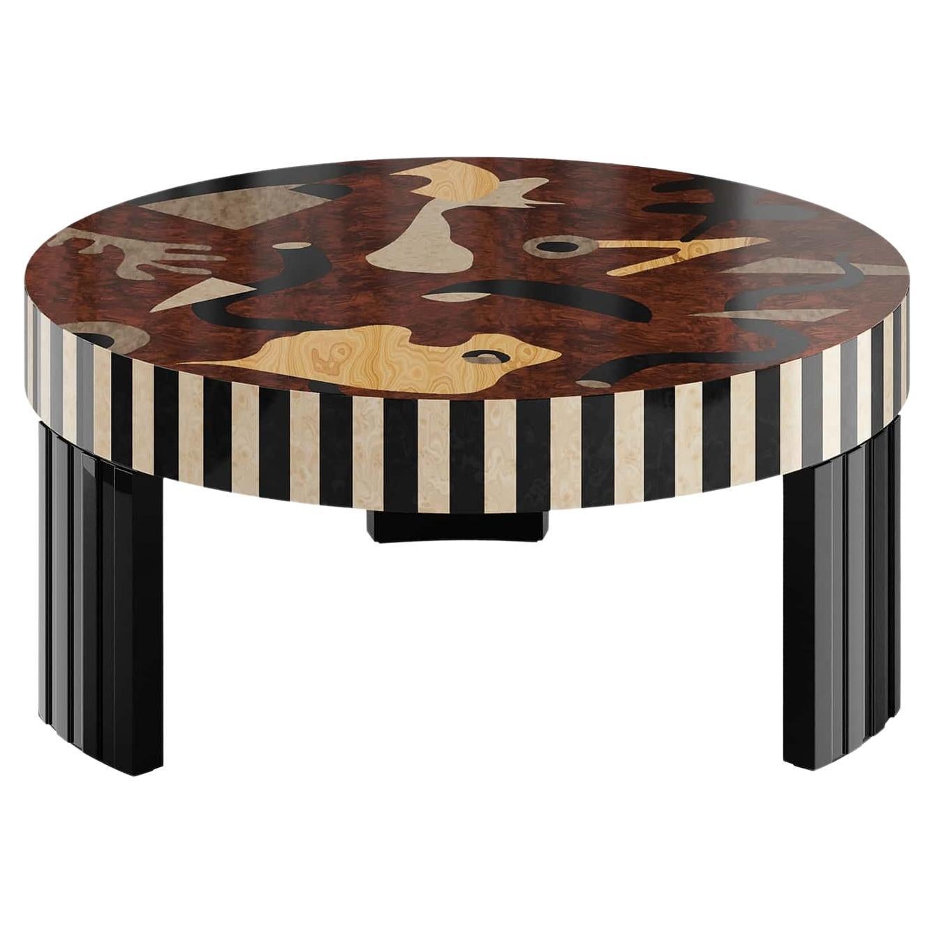 Mid-Century Modern Center Coffee Table Abstract Figures Walnut Wood Marquetry For Sale
