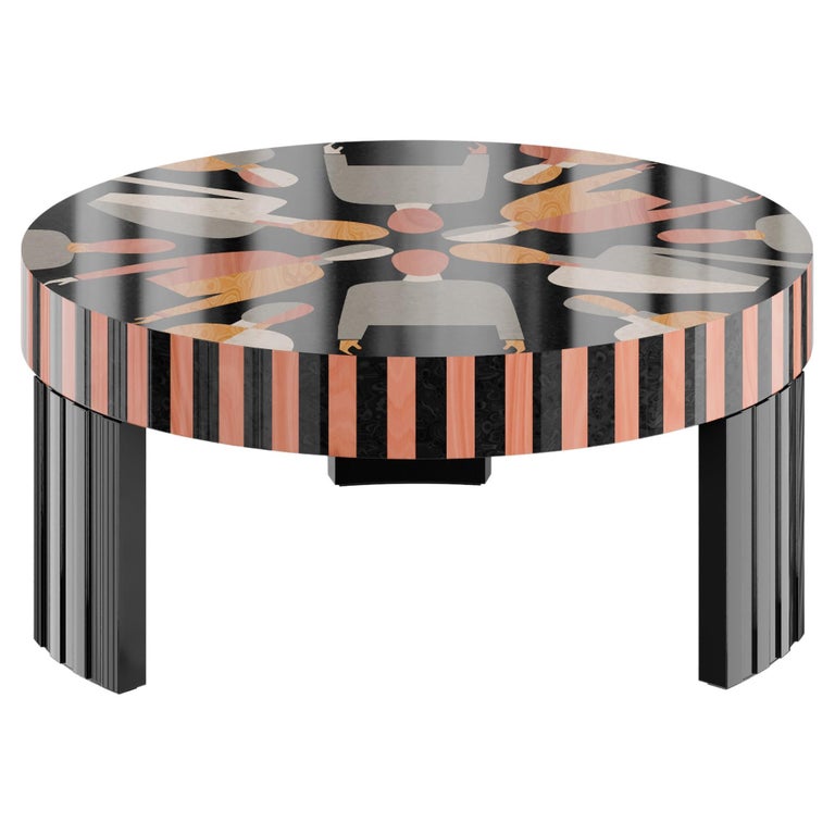Mid-Century Modern Center Coffee Table Malevich Print Wood Marquetry For Sale