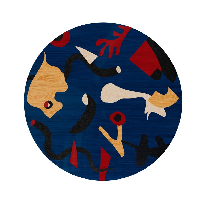 MidCentury Modern Center Coffee Table Miró Print Blue Wood Marquetry