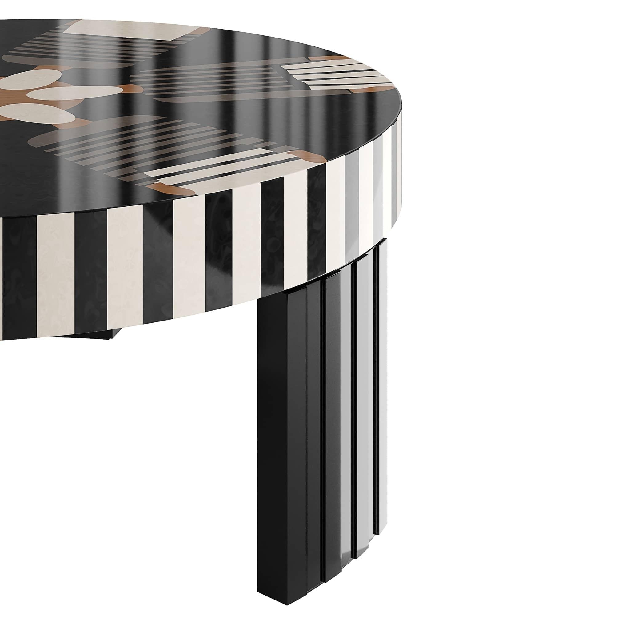 Moderne Table basse ronde moderne du milieu du siècle en marqueterie de bois à motifs géométriques en vente