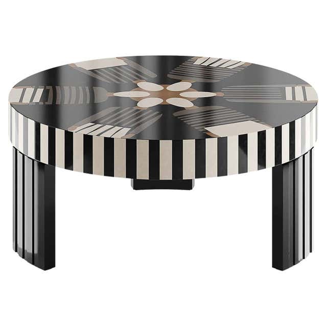 Modern Round Center Coffee Center Table Abstract Pattern Black and ...