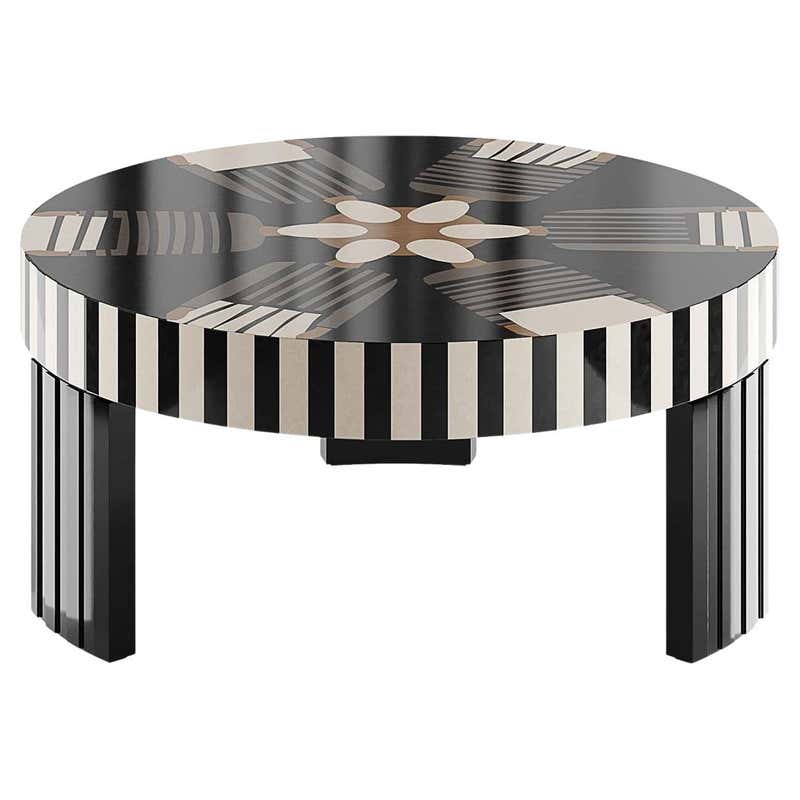 Modern Round Center Coffee Center Table Abstract Pattern Black and ...