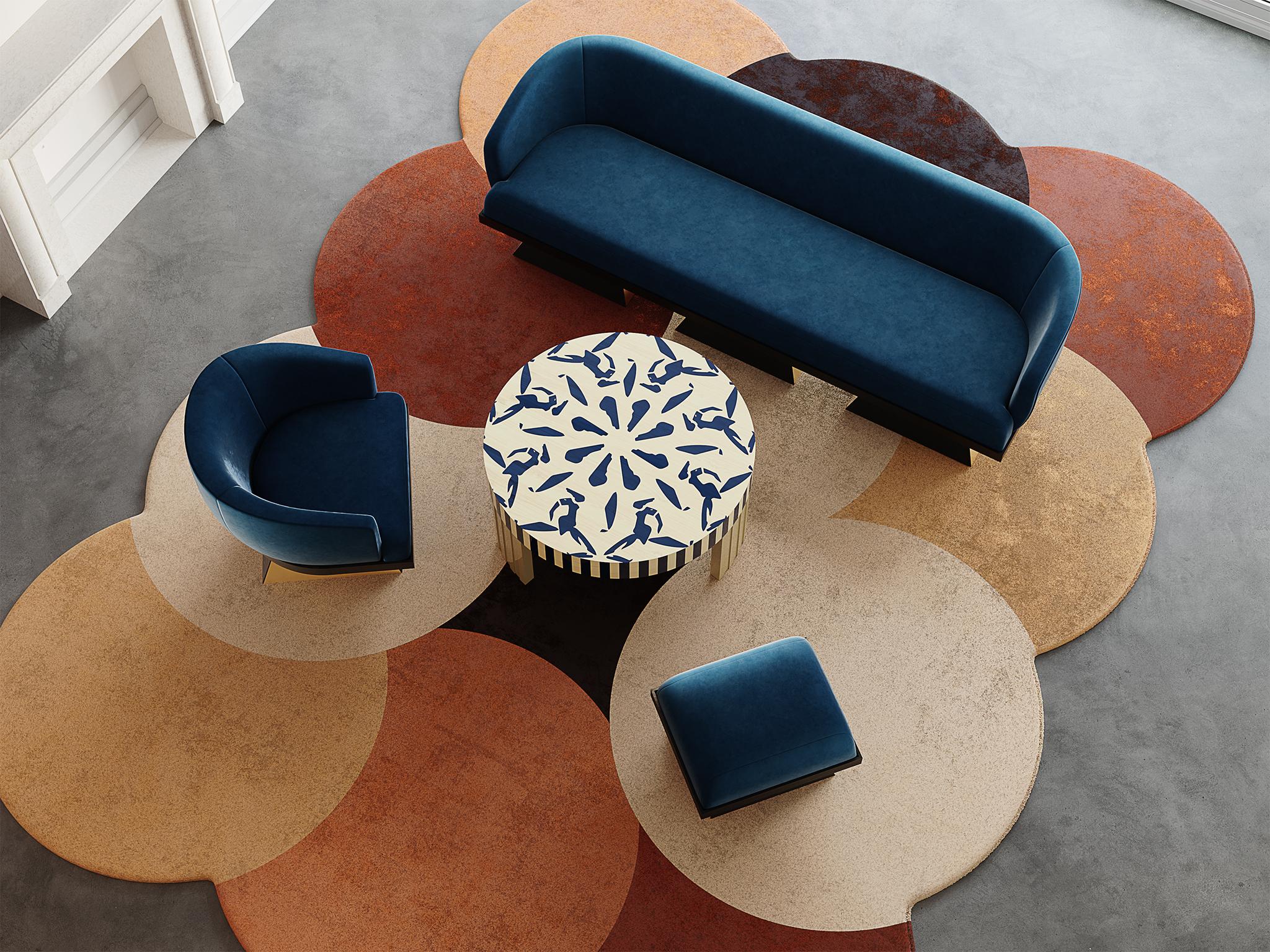 Portuguese Minimal Modern Round Center Coffee Table Klein Blue Abstract  Wood Marquetry For Sale